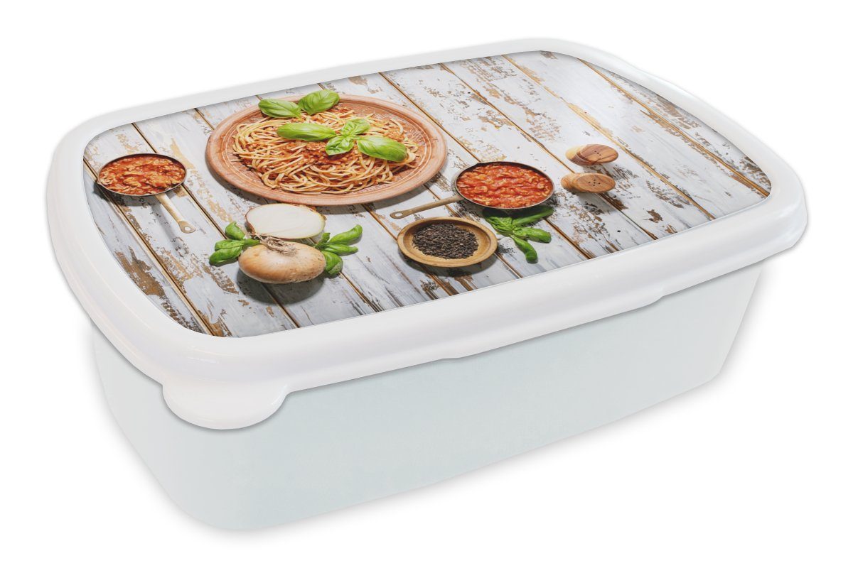 MuchoWow Lunchbox Nudeln - Basilikum - Gemüse, Kunststoff, (2-tlg), Brotbox für Kinder und Erwachsene, Brotdose, für Jungs und Mädchen weiß