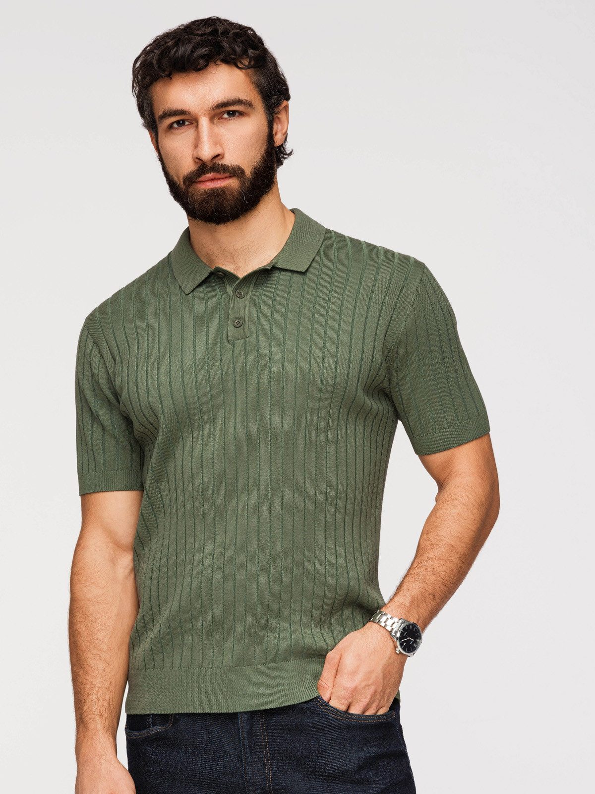 Poloshirt Herren Slim-Fit Polo-Shirt mit Rippstruktur Oliv XXL