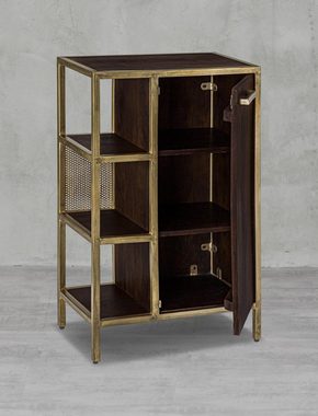 carla&marge Midischrank Golden Bath (Badschrank in Dunkelbraun und Antikgold aus massiver Mango) Badezimmerschrank mit Eisengestell und Rückwand aus Lochblech