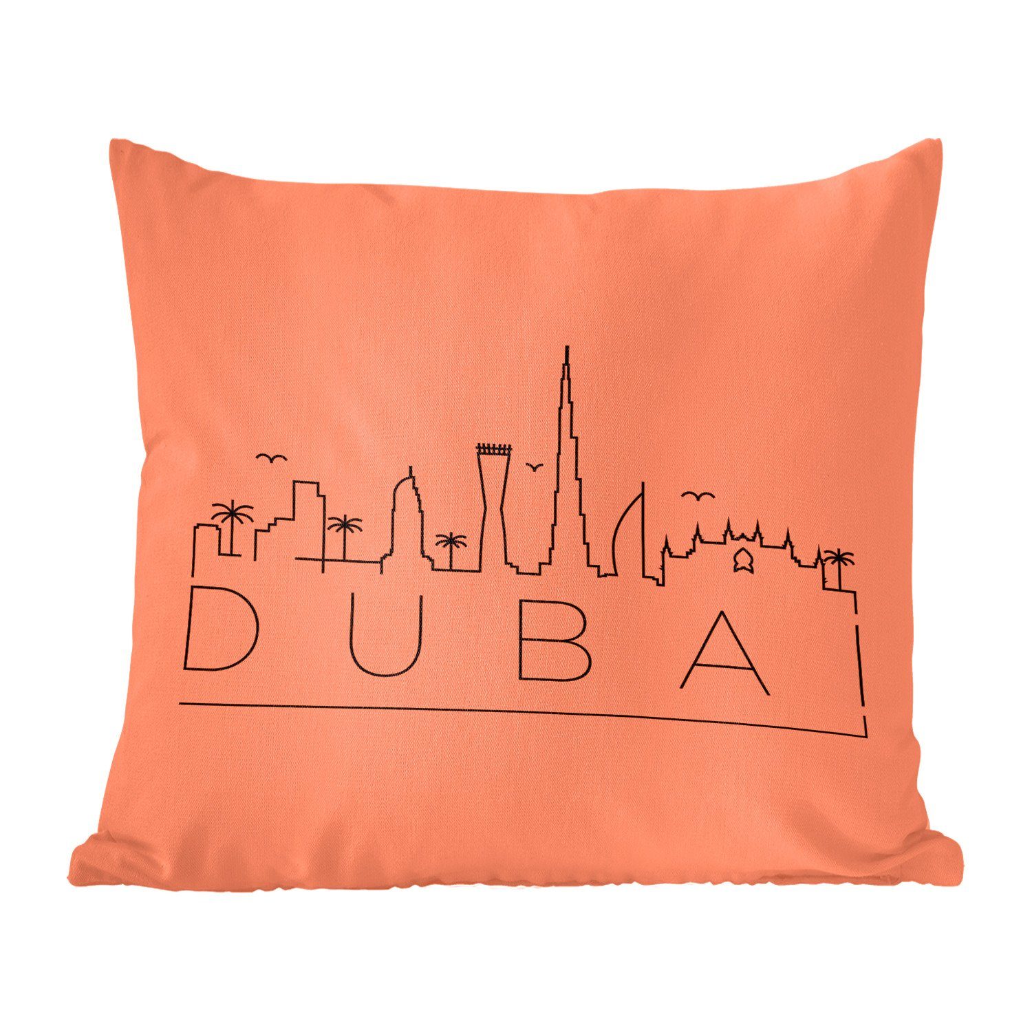 Füllung Zierkissen für Skyline "Dubai" Wohzimmer, schwarz MuchoWow orange, Deko, auf mit Dekokissen Sofakissen Schlafzimmer,