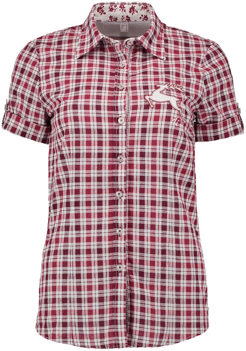 OS Trachten Trachtenbluse Trixon Damen Kurzarmbluse mit Hirsch-Stickerei auf der Brust