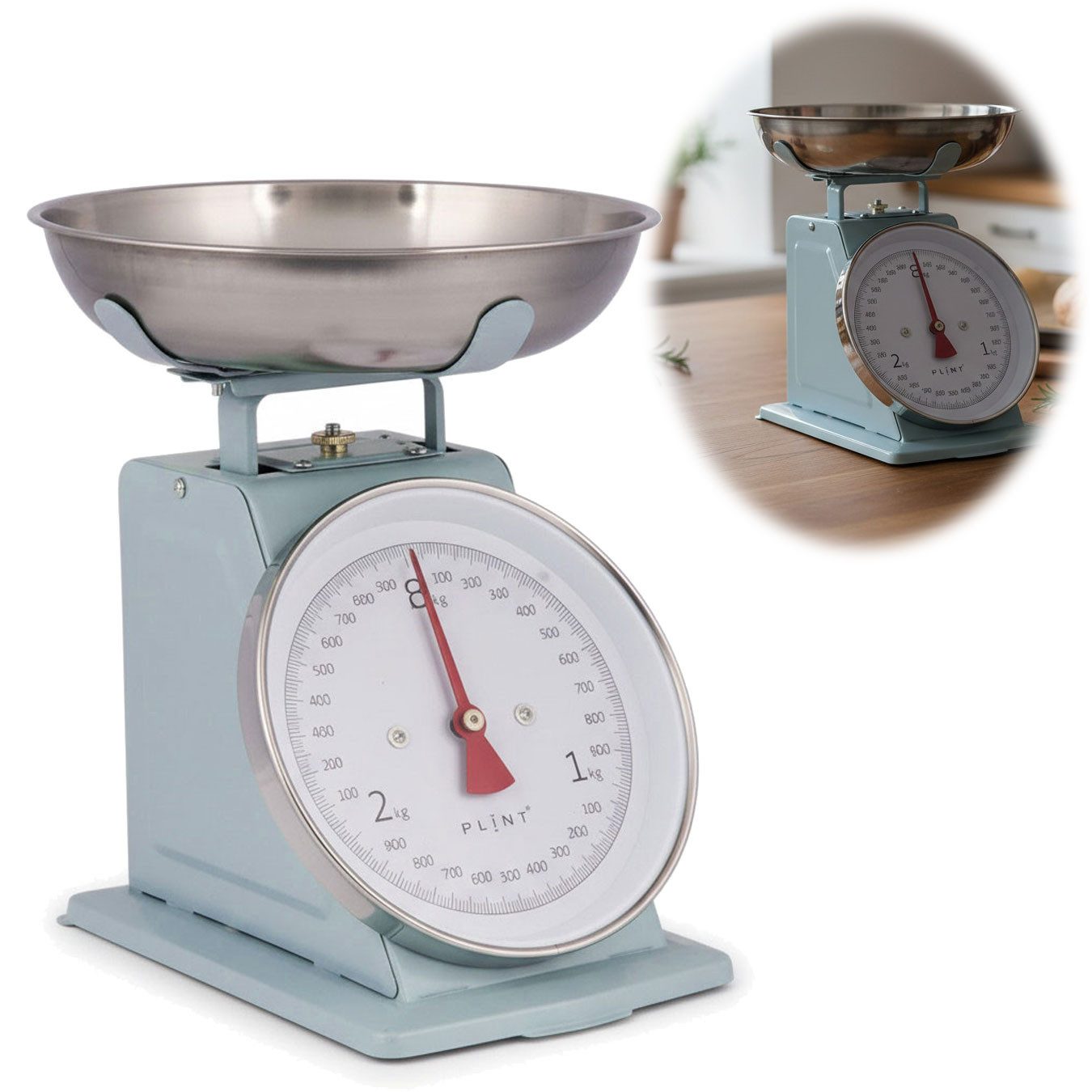 LS-LebenStil Küchenwaage Vintage Backwaage Retro Blau Manuelle Waage mit großem Ziffernblatt, (Manuelle Analoge Backwaage großes Ziffernblatt, 2-tlg., mit 1L Edelstahl Schüssel ohne Batterie / Strom Küche Waage), 3kg Skala mit großer Rührschüssel