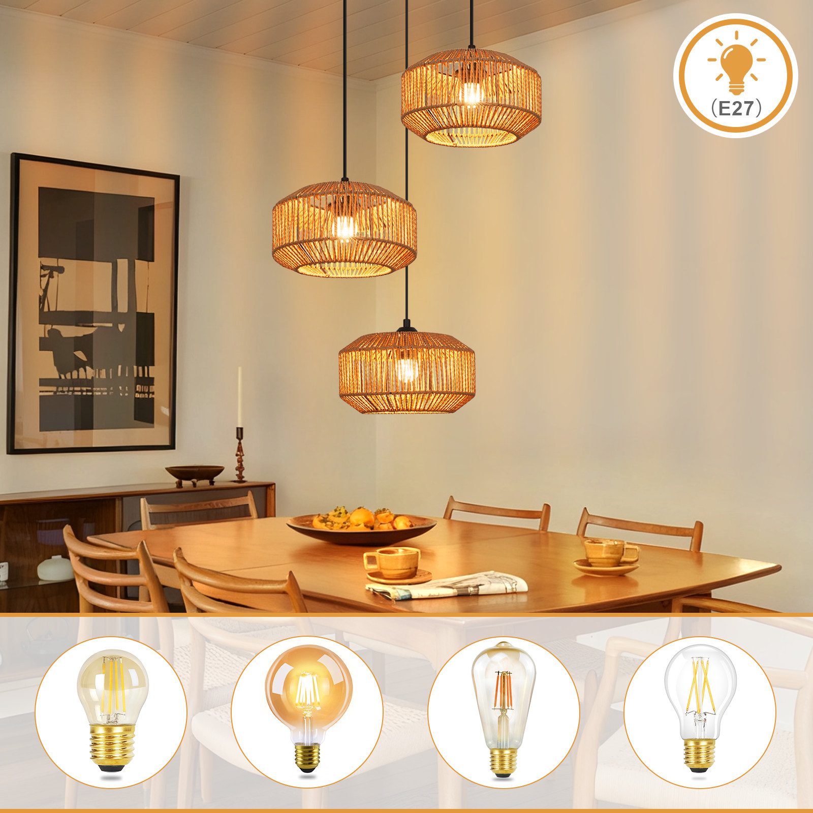Nettlife Pendelleuchte Rattan 3 flammig Boho E27 Hängeleuchte für Esstisch, Ohne Leuchtmittel, für Esstisch Esszimmer Schlafzimmer Wohnzimmer – Bild 4 von 5