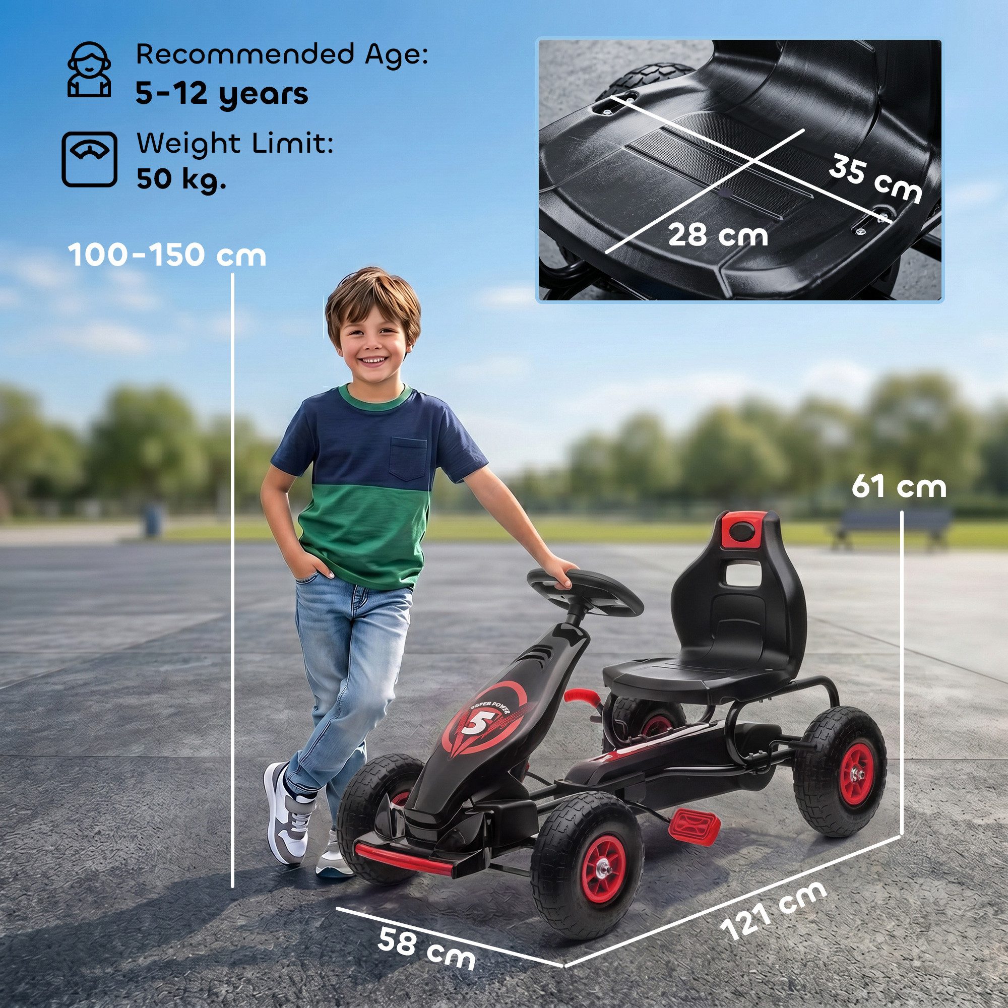HOMCOM Go-Kart Kinderfahrzeug, Tretfahrzeug, Pedal und Handbremse, Outdoor, für Garten, Balkon, Rot+Schwarz