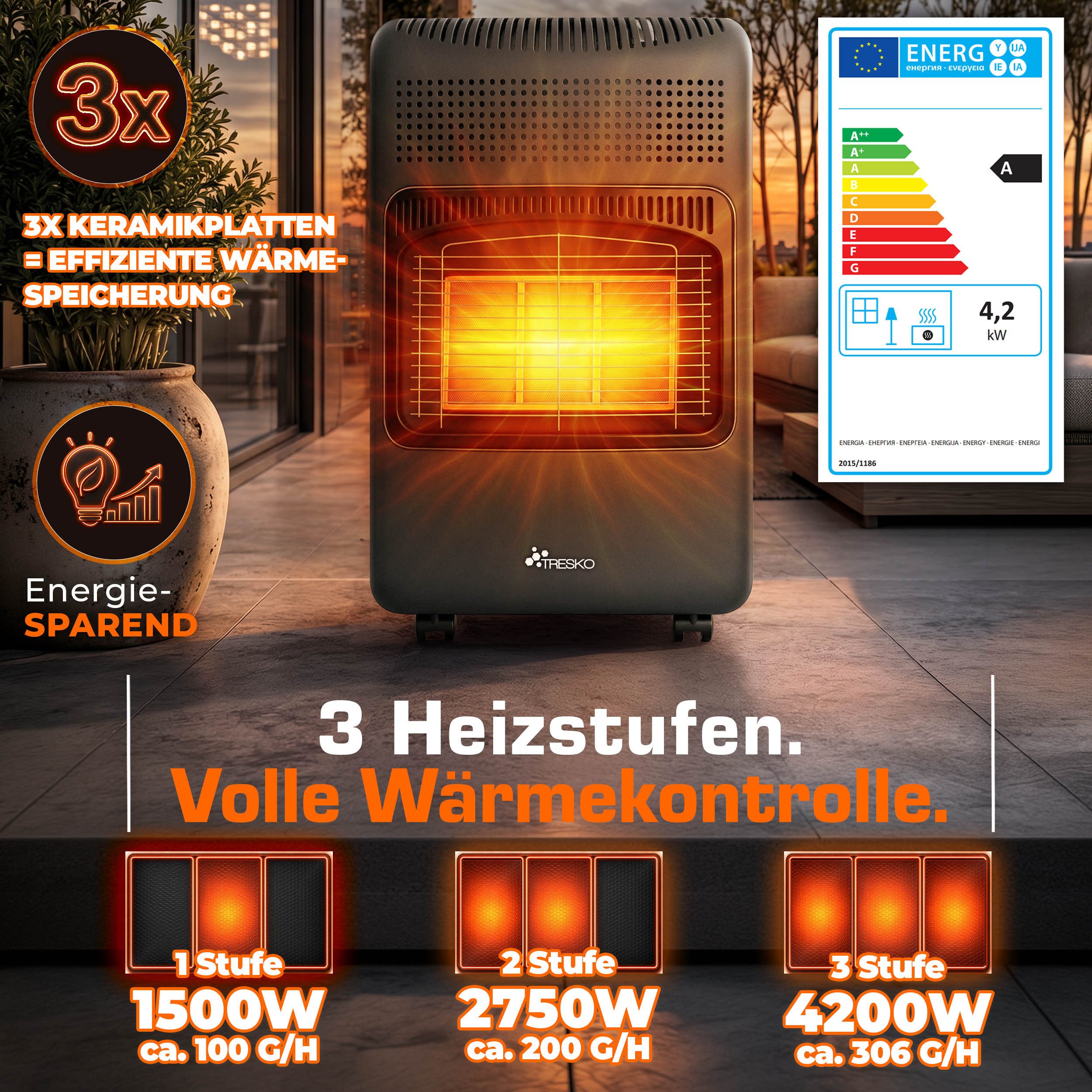 TRESKO Heizstrahler 4200 W Gasheizung + Abdeckung Gasheizer 3 Stufen Gasofen Gasheizofen – Bild 5 von 5