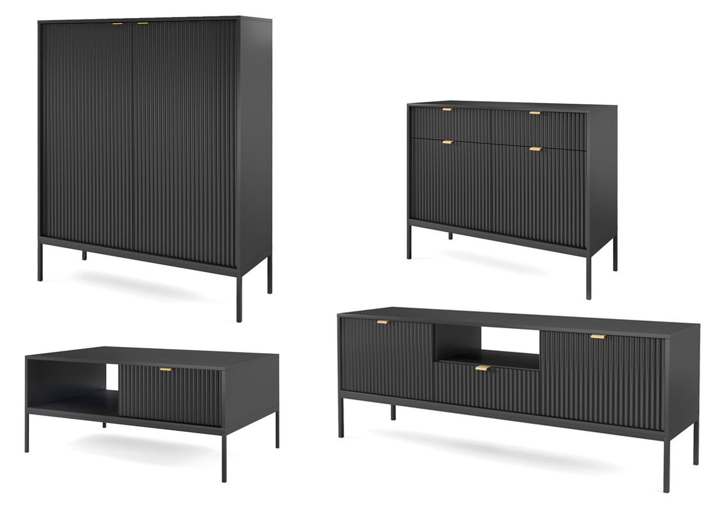 Feldmann-Wohnen Wohnwand Nova, (1 Highboard, 1 Kommode, 1 Couchtisch, 1 Lowboard, 1-St., Riffel-Optik Front, goldfarbene Metallgriffe, ABS-Kanten), 4-teilig MDF Schwarz