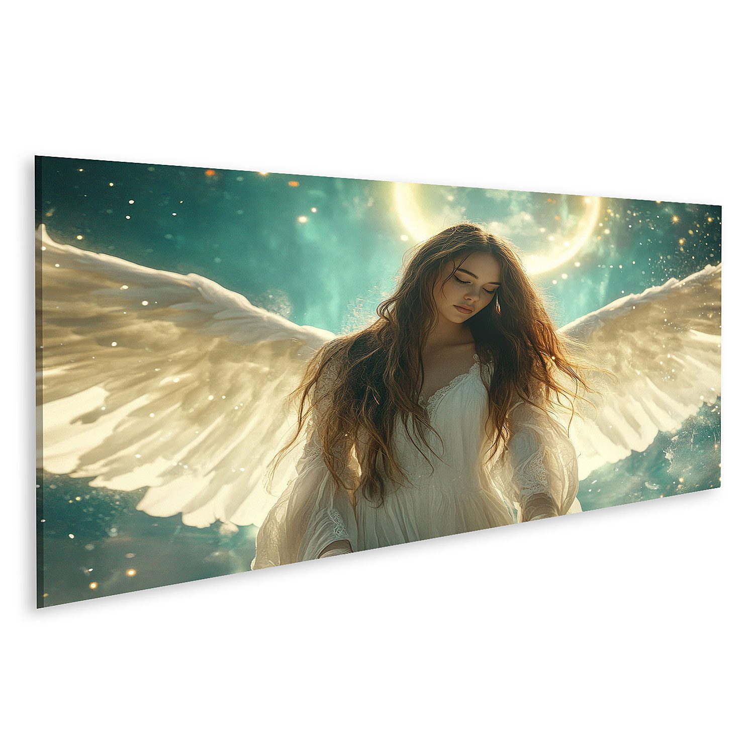 islandburner Leinwandbild Engel mit leuchtenden Flügeln und Sternenhimmel Wandbild