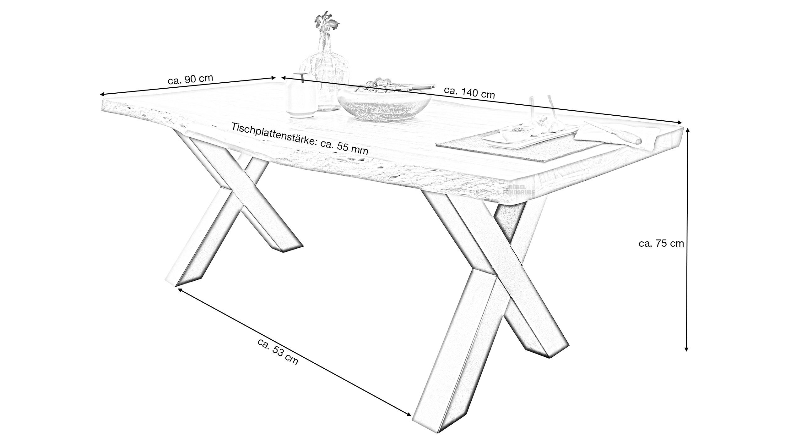 Massivart® Baumkantentisch TOMASO / Massivholz Akazie / 55 mm Tischplatte, Standbeine als X-Gestell / Metall schwarz lackiert / Industrial Look – Bild 3 von 5