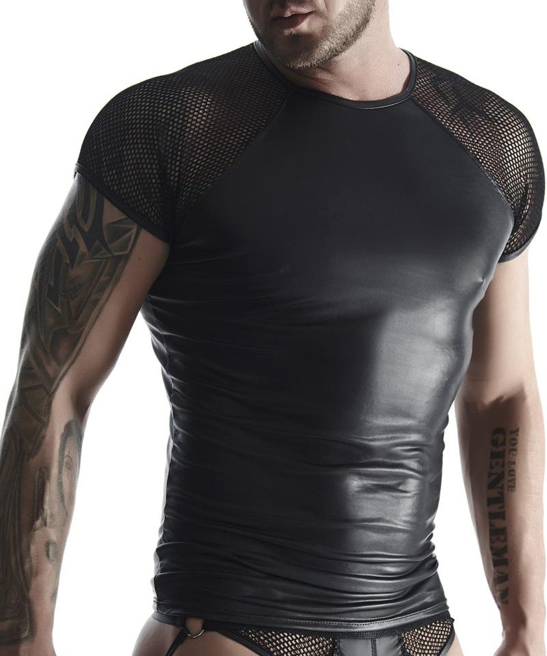 Regnes Fetish Planet T-Shirt Herren T-Shirt schwarz kurzarm aus wetlook Material Hemd dehnbar blick
