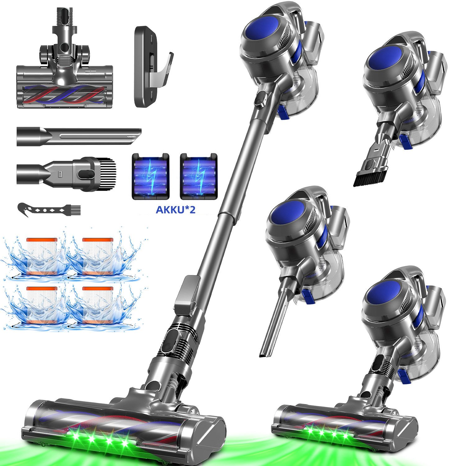 Adormii Akku-Hand-und Stielstaubsauger Akku Staubsauger,Staubsauger Kabellos 50kPa/60Min,GreenEye-Technologie, beutellos, Selbststehendes Design,Staubsauger für Tierhaare,Teppich und Hartboden