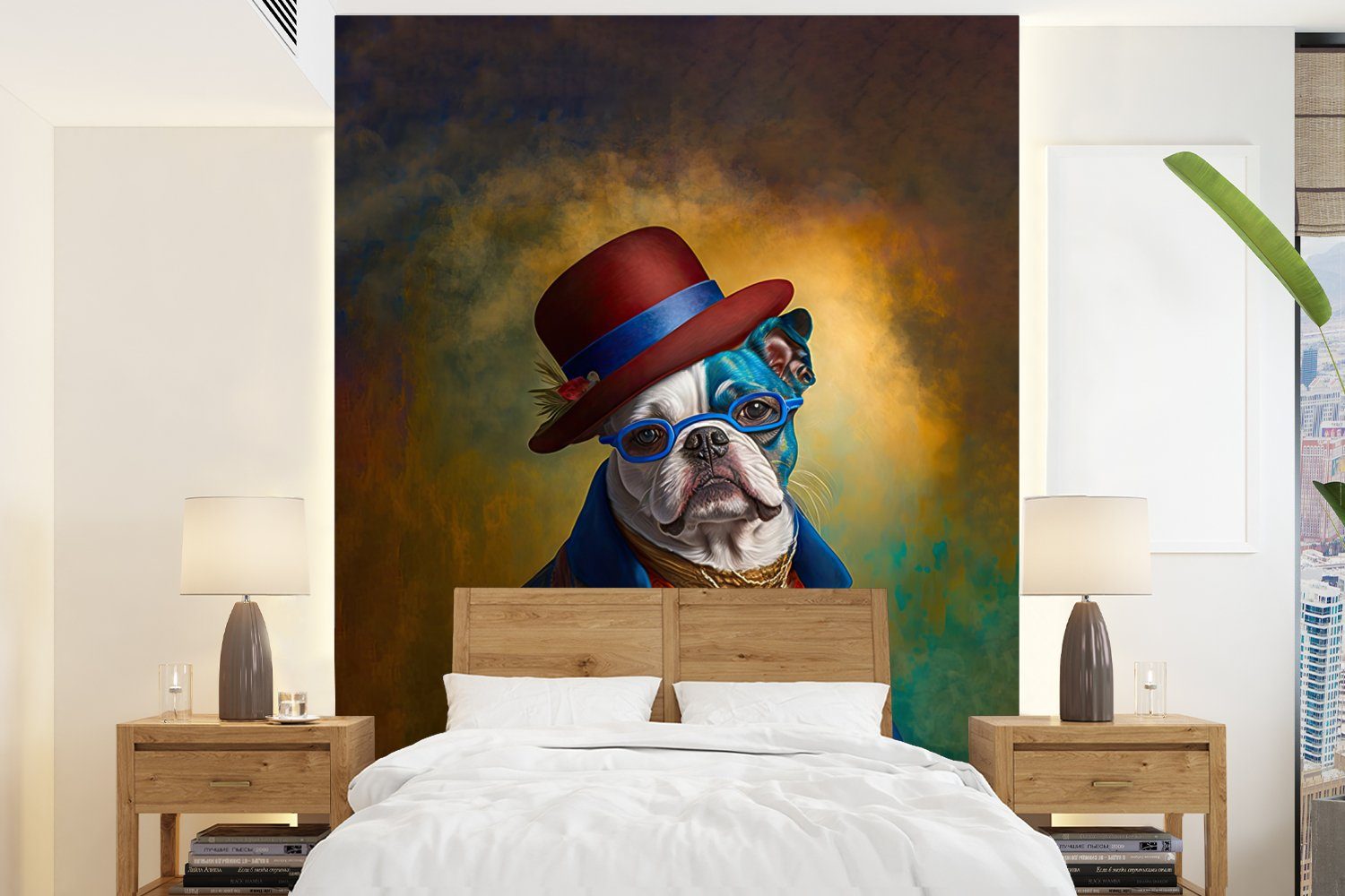 MuchoWow Fototapete Hund - Porträt - Kleidung - Hut - Abstrakt, Matt, bedruckt, (4 St), Montagefertig Vinyl Tapete für Wohnzimmer, Wandtapete