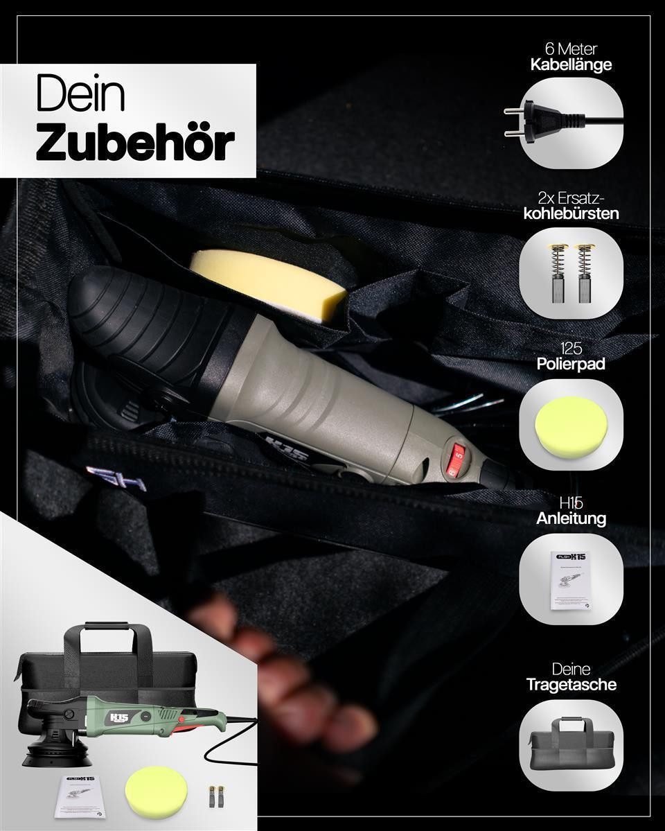 Car care eccentric polisher H15 polishing machine sets, including microfiber cloths and polishing pads