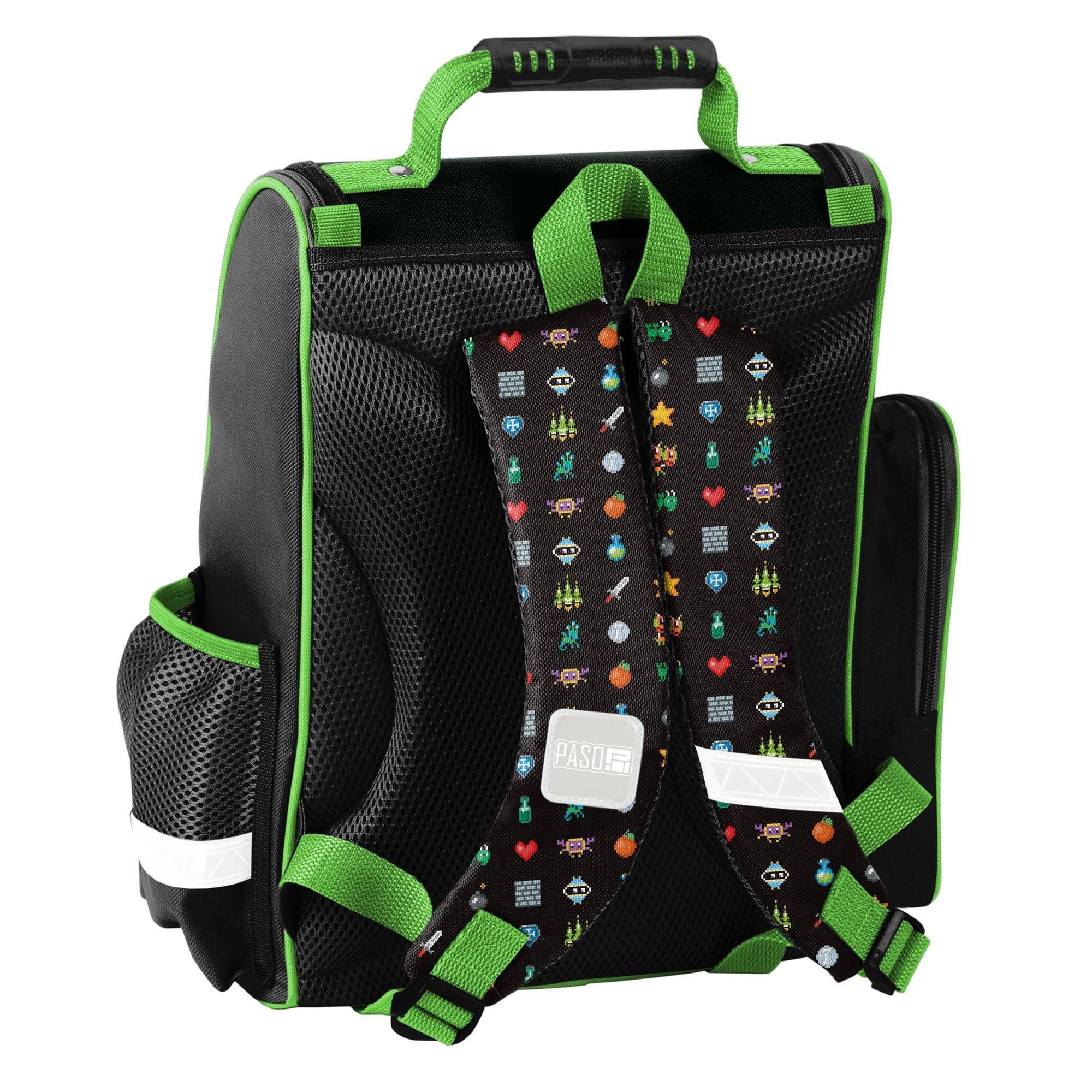 PASO Schulranzen SCHULSET: RANZEN + TURNBEUTEL + BEFÜLLTE FEDERMAPPE - LEVEL UP! (3-teilig, Gaming / Gamer), schwarz, grün, blau – Bild 3 von 5