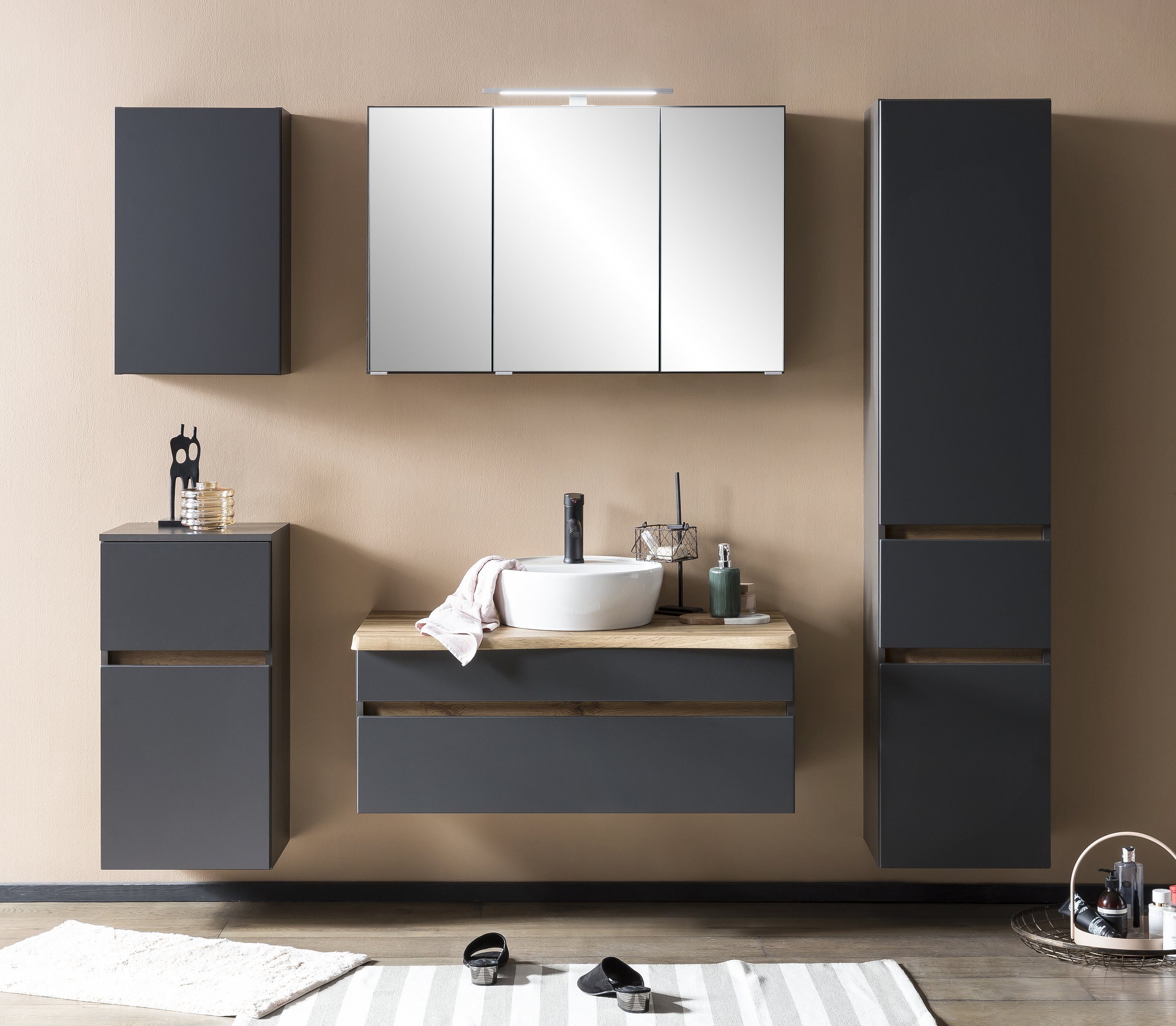möbelando Badezimmerspiegelschrank Villach 3 cm 100x64x20 (B/H/T) in Türen und Abmessungen Einlegeböden. mit matt Spanplatte grau aus 6