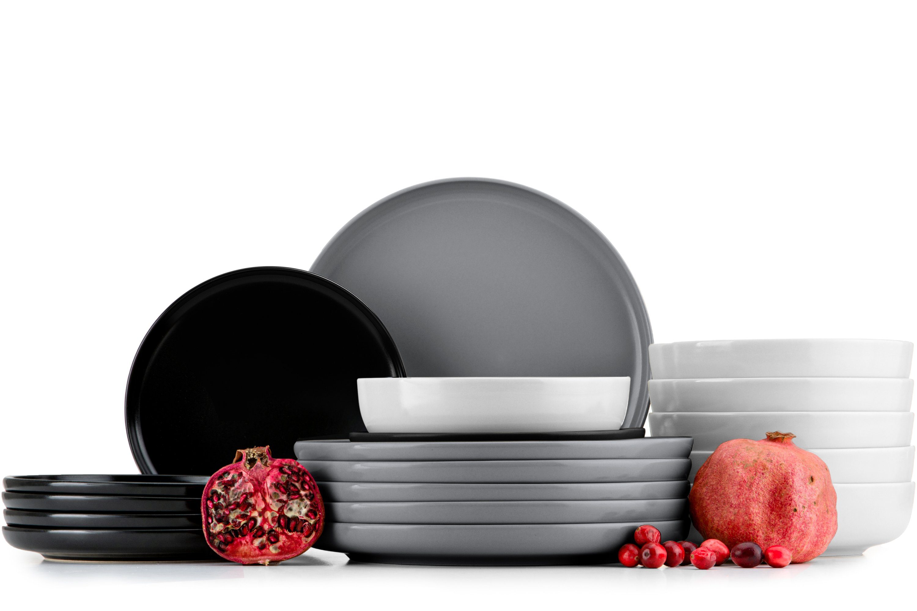 KONSIMO® Tafelservice VICTO Geschirrset hergestellt in der EU (18-tlg), 6 Personen, Steingut, spülmaschinengeeignet, mikrowellengeeignet, matt, rund