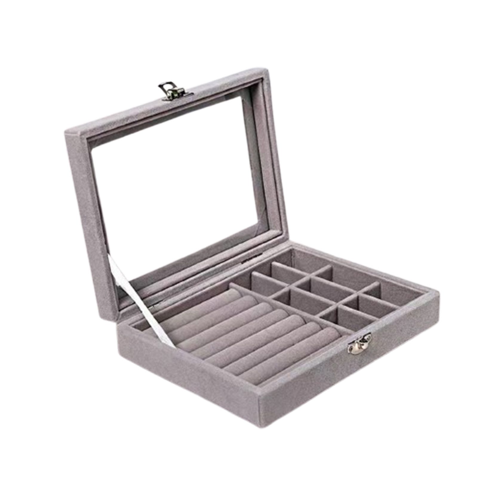 Jumpeak Schmuckkasten Tragbares Schmuckbox, Schmuckkästchen, Ring-Organizer, Glas und Beflockung, schwarz, Cremefarbe, grau, 20*15cm*4,5cm