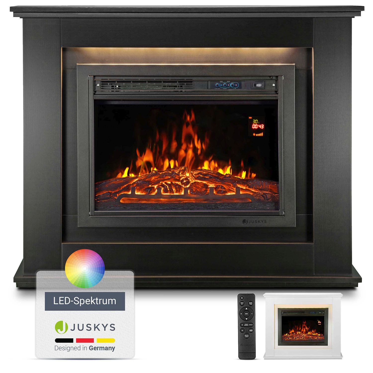 Juskys Elektrokamin, 2000 W Heizung, Flammeneffekt, Fernbedienung, LED-Licht, Timer