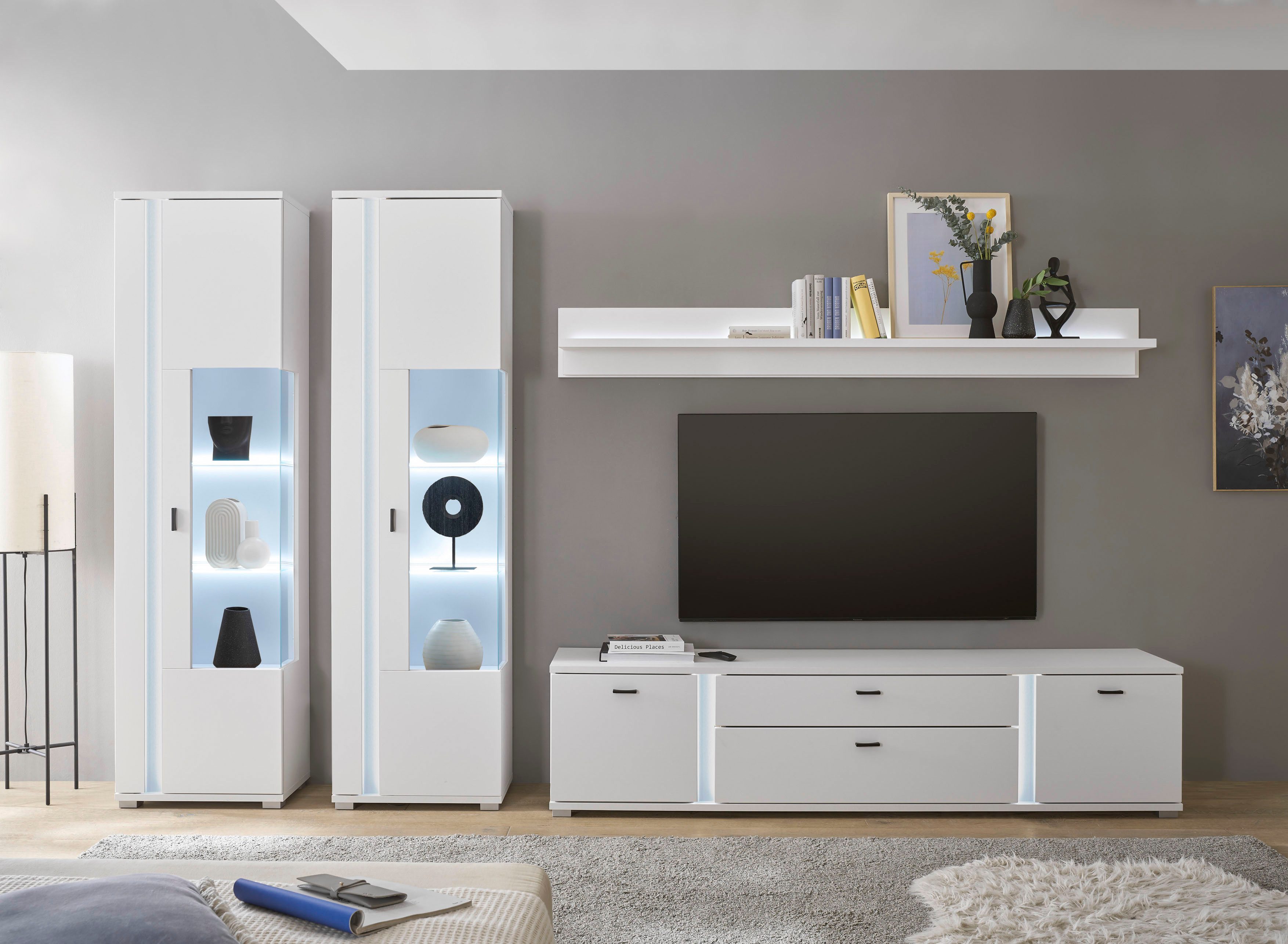 Home affaire Wohnwand LONG ISLAND, (Set, 4-St), in moderner Trendfarbe,inklusive senkrechter Beleuchtung,Breite 330 cm