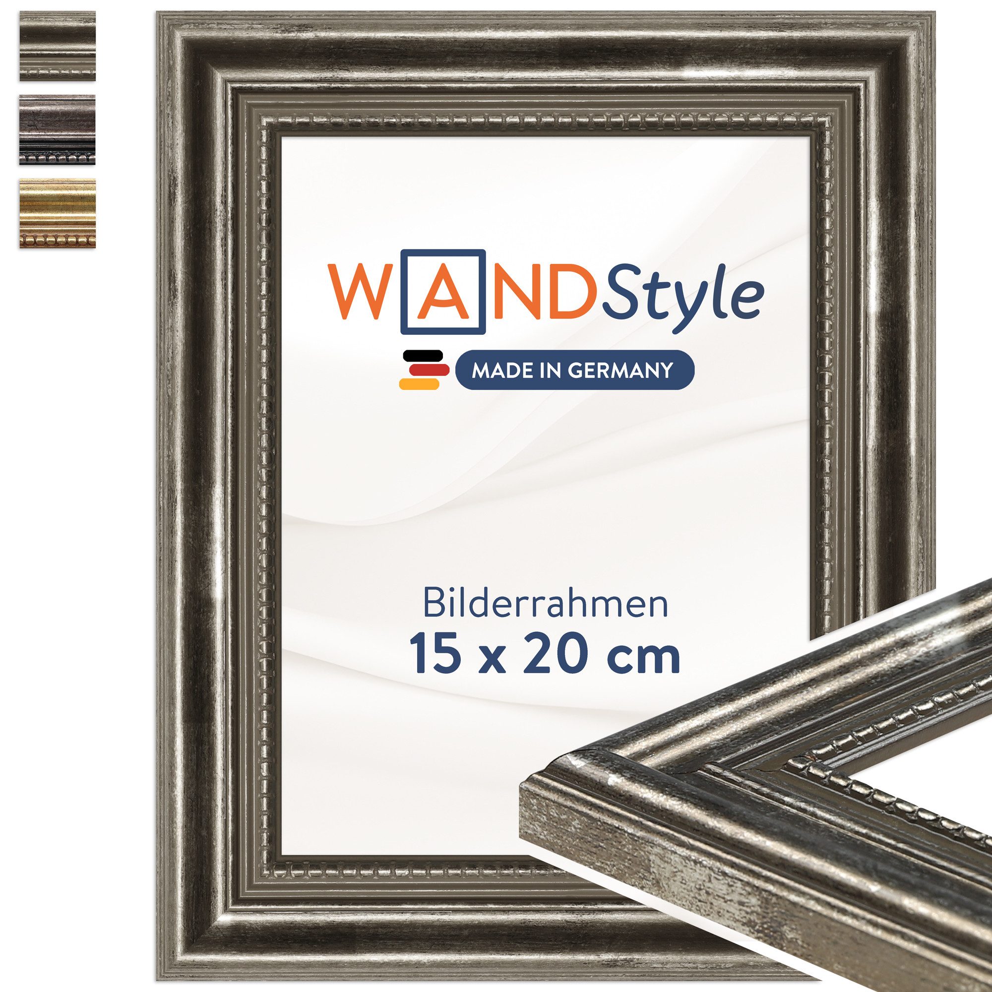 WANDStyle Einzelrahmen H450, Silber Bilderrahmen 15x20 Holz, Vintage Bilderrahmen Silber 15x20 cm
