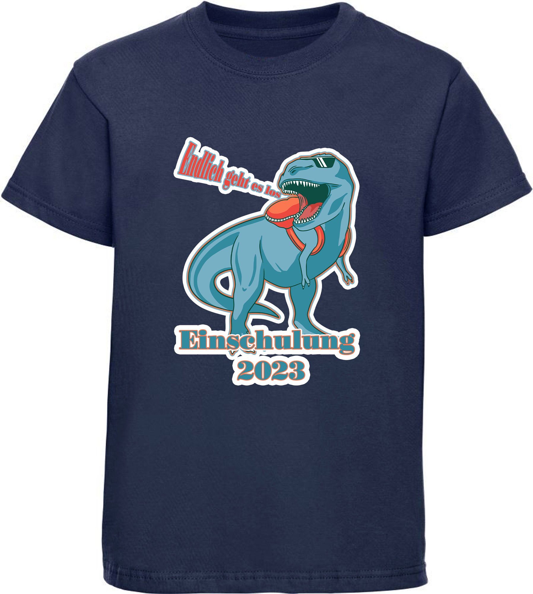 MyDesign24 Print-Shirt bedrucktes Kinder T-Shirt T-Rex - Endlich geht es los Baumwollshirt Einschulung 2023 Aufdruck, schwarz, weiß, rot, blau, i37 navy blau