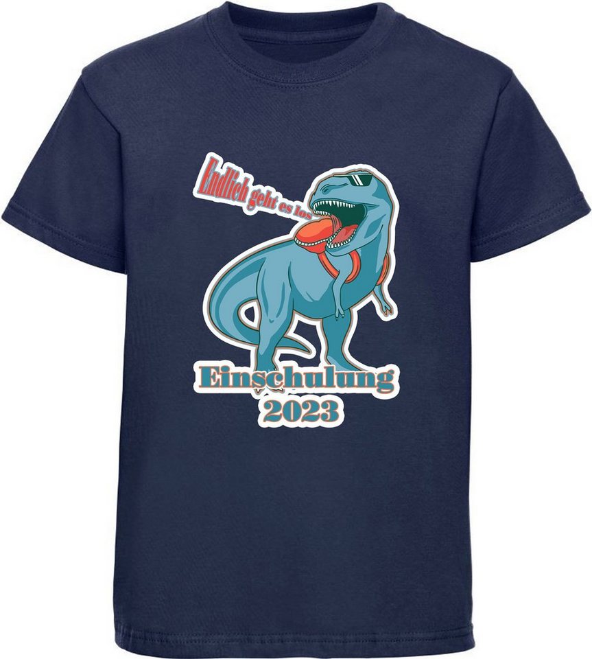 MyDesign24 Print-Shirt bedrucktes Kinder T-Shirt T-Rex - Endlich geht es  los Baumwollshirt Einschulung 2023 Aufdruck, schwarz, weiß, rot, blau, i37