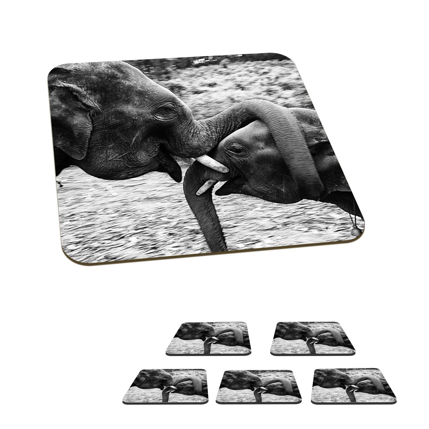 MuchoWow Glasuntersetzer Elefant - Tischuntersetzer, Schwarz Untersetzer, und Korkuntersetzer, Tiere - Tasse weiß, Natur Zubehör - 6-tlg., für Glasuntersetzer, Gläser