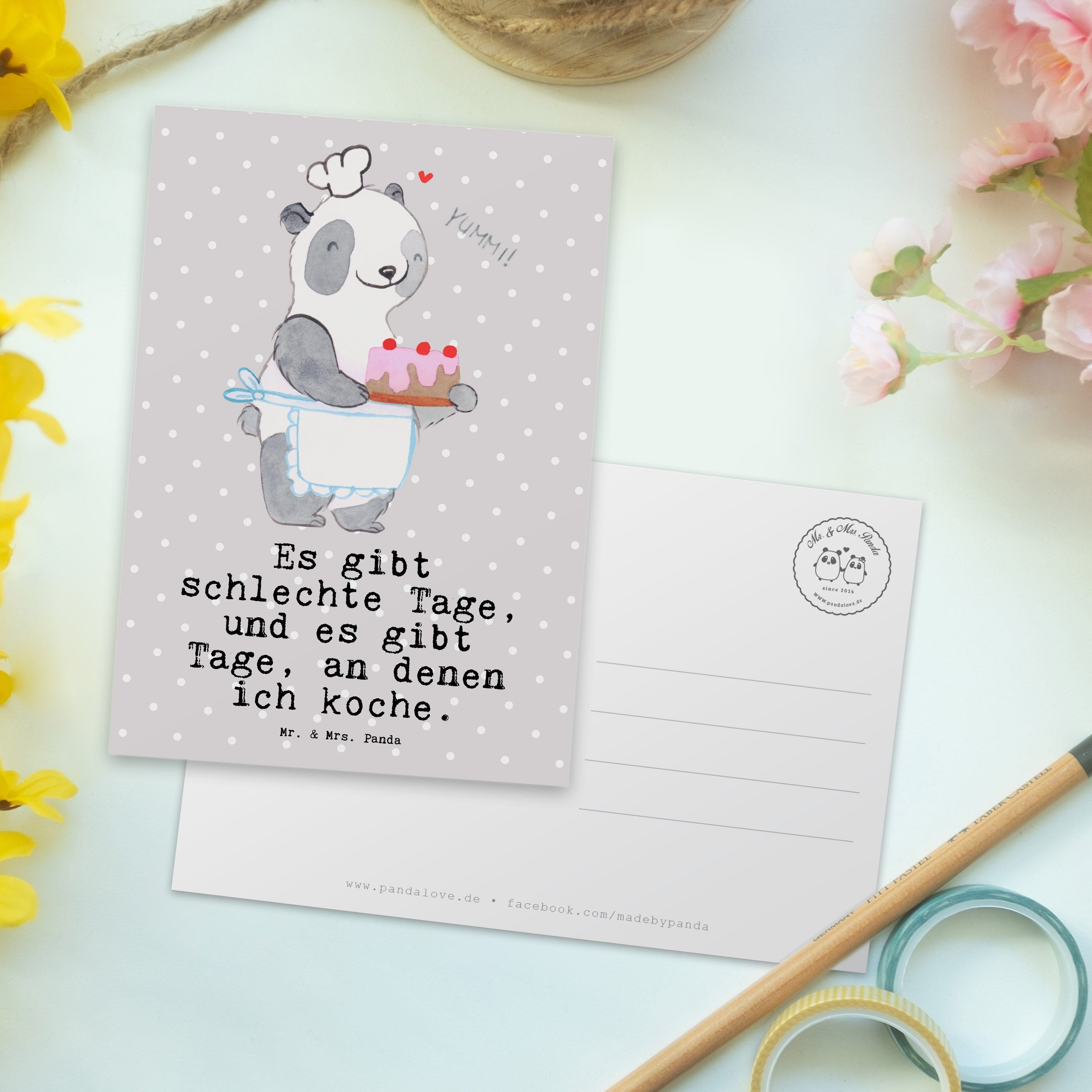 - Postkarte Panda Tage & Mrs. Mr. - Bär Pastell Kochen Geschenk, Auszeichnung, Grau Geschenkkart