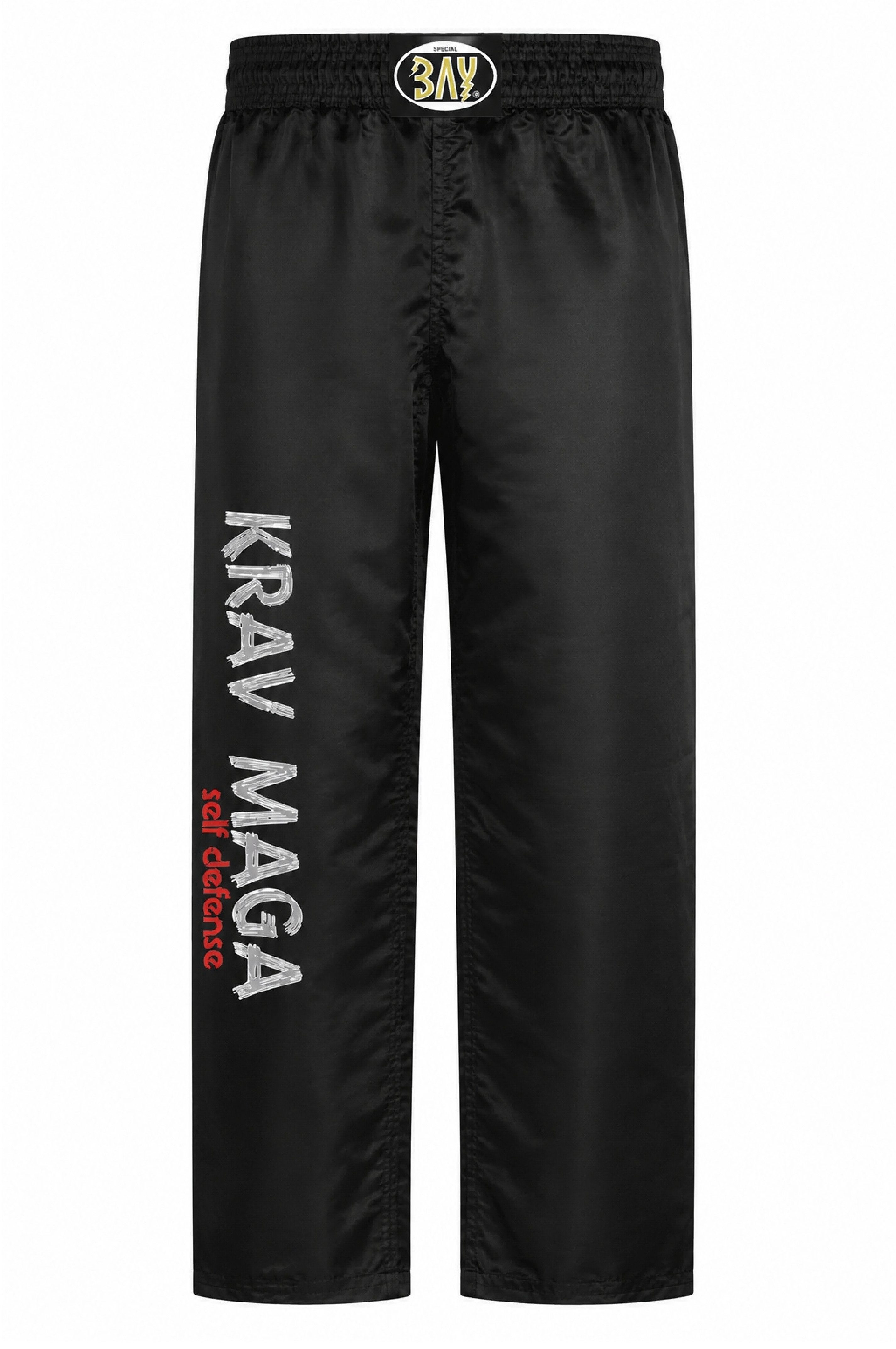 BAY-Sports Sporthose Kampfsporthose KRAV MAGA SATIN Hose lang Kampfsport lange, leichte, locker sitzende Trainingshose, Schwarz/Grau/Silber/Rot