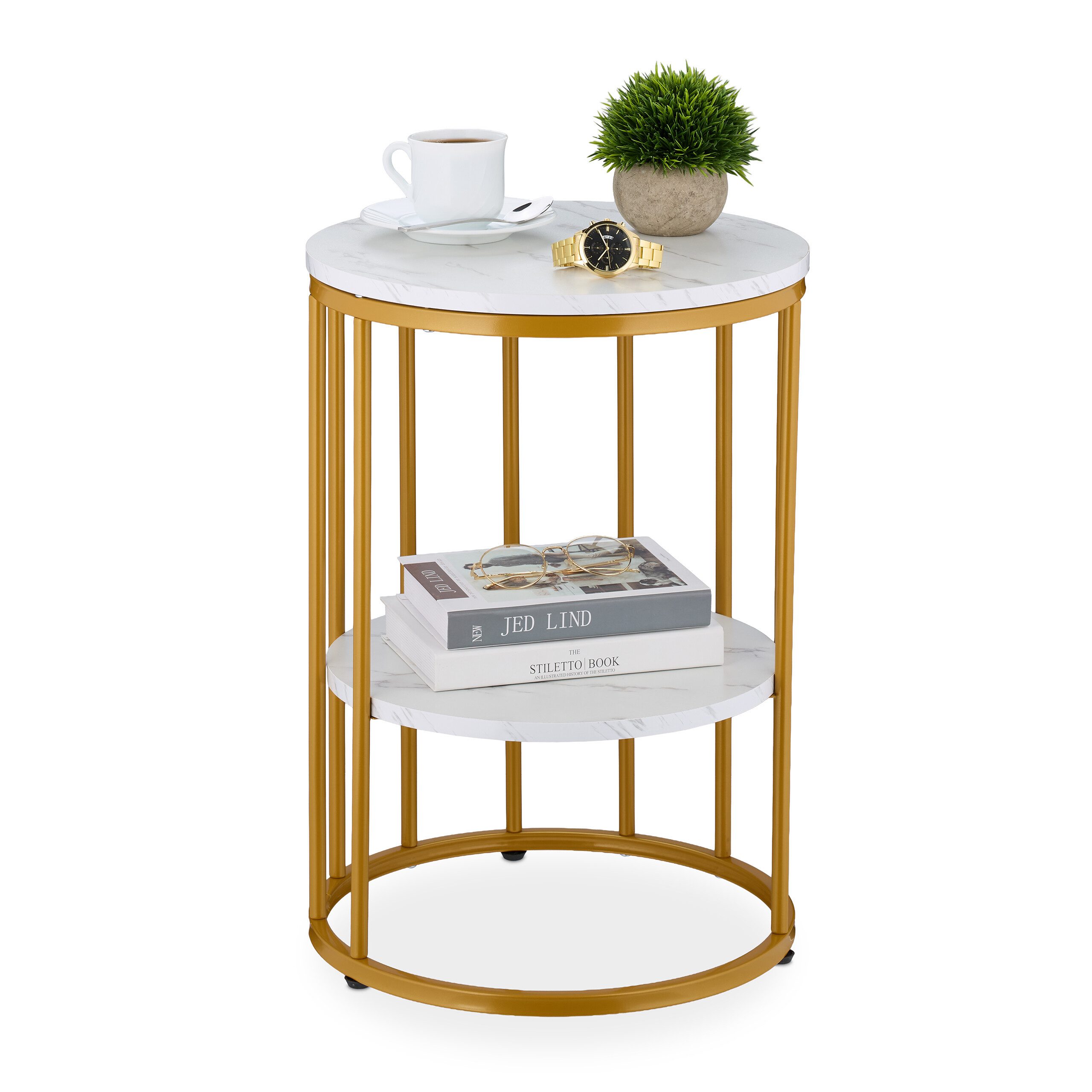 relaxdays Beistelltisch in Marmoroptik, Weiß/Gold günstig online kaufen
