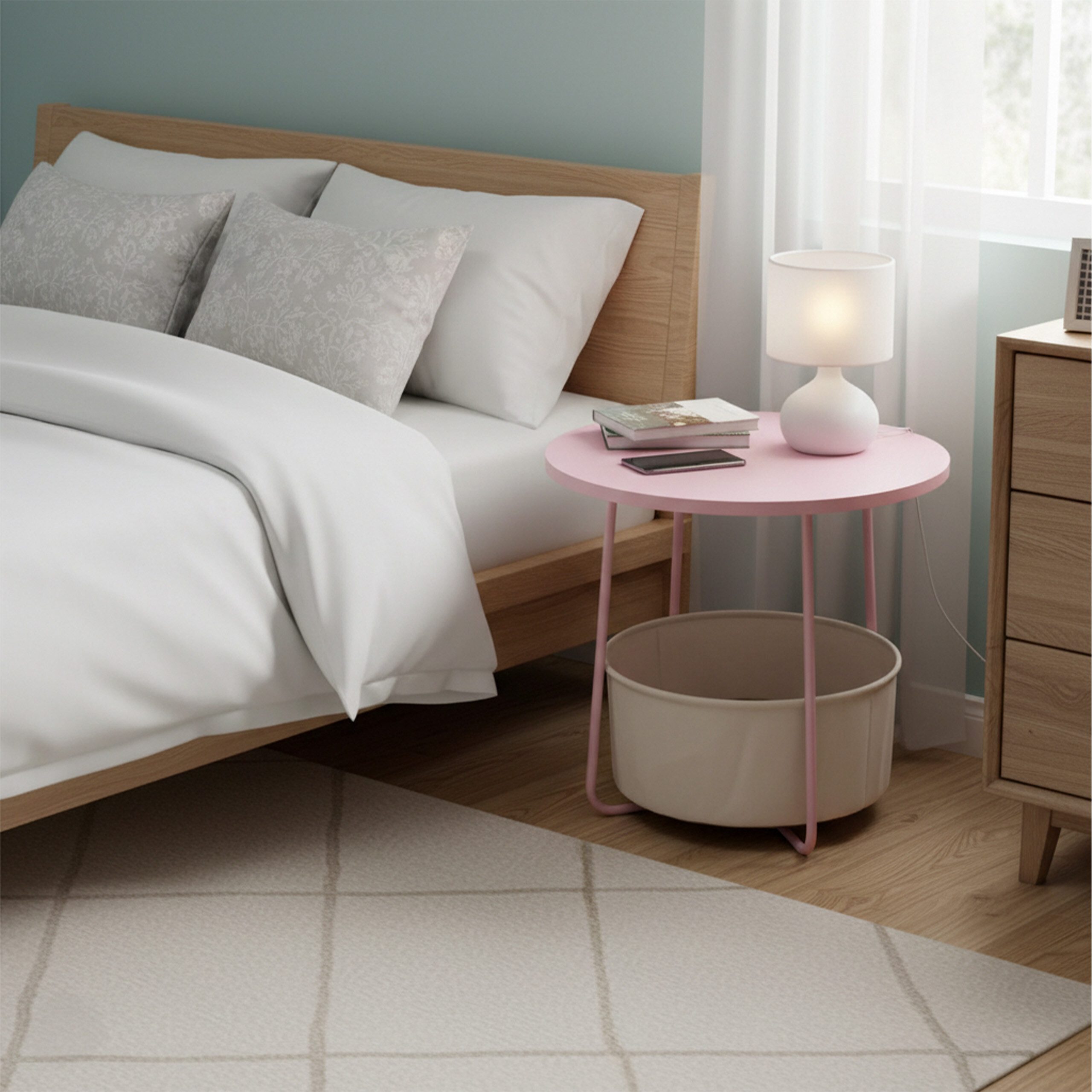 relaxdays Beistelltisch Runder Beistelltisch mit Korb (1-St), Altrosa-Cremeweiß – Bild 3 von 5
