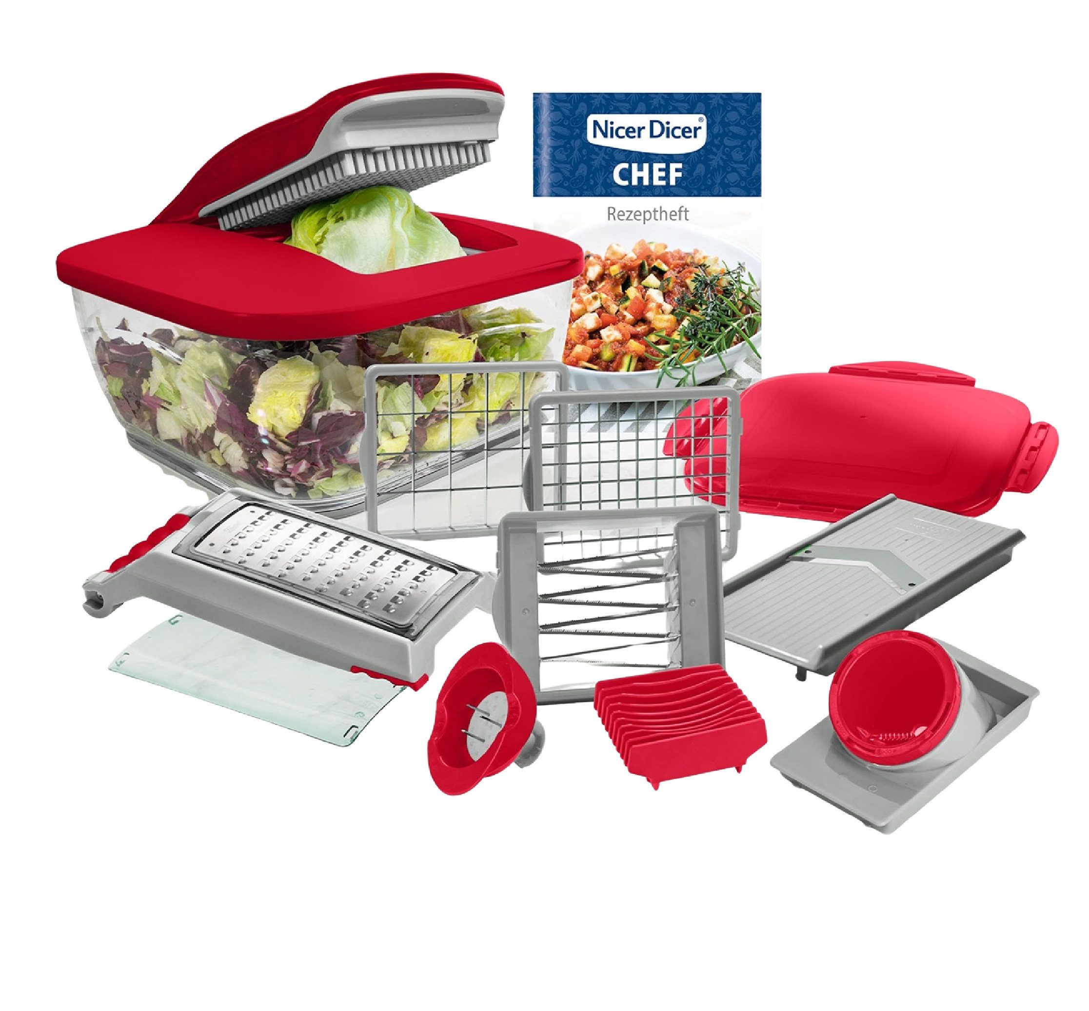 Genius Küchenreibe Genius Gemüseschneider Gemüsehobel Nicer Dicer Chef 15 tlg. Rot, Edelstahl, Kunststoff