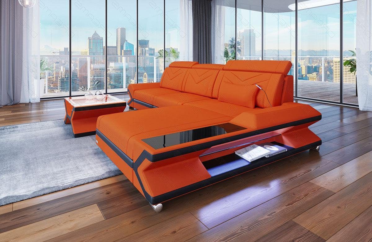 Sofa Dreams Ecksofa Polster Stoff Couch Sofa Napoli L Form Stoffsofa, mit LED, ausziehbare Bettfunktion, Designersofa C94 Orange-Schwarz