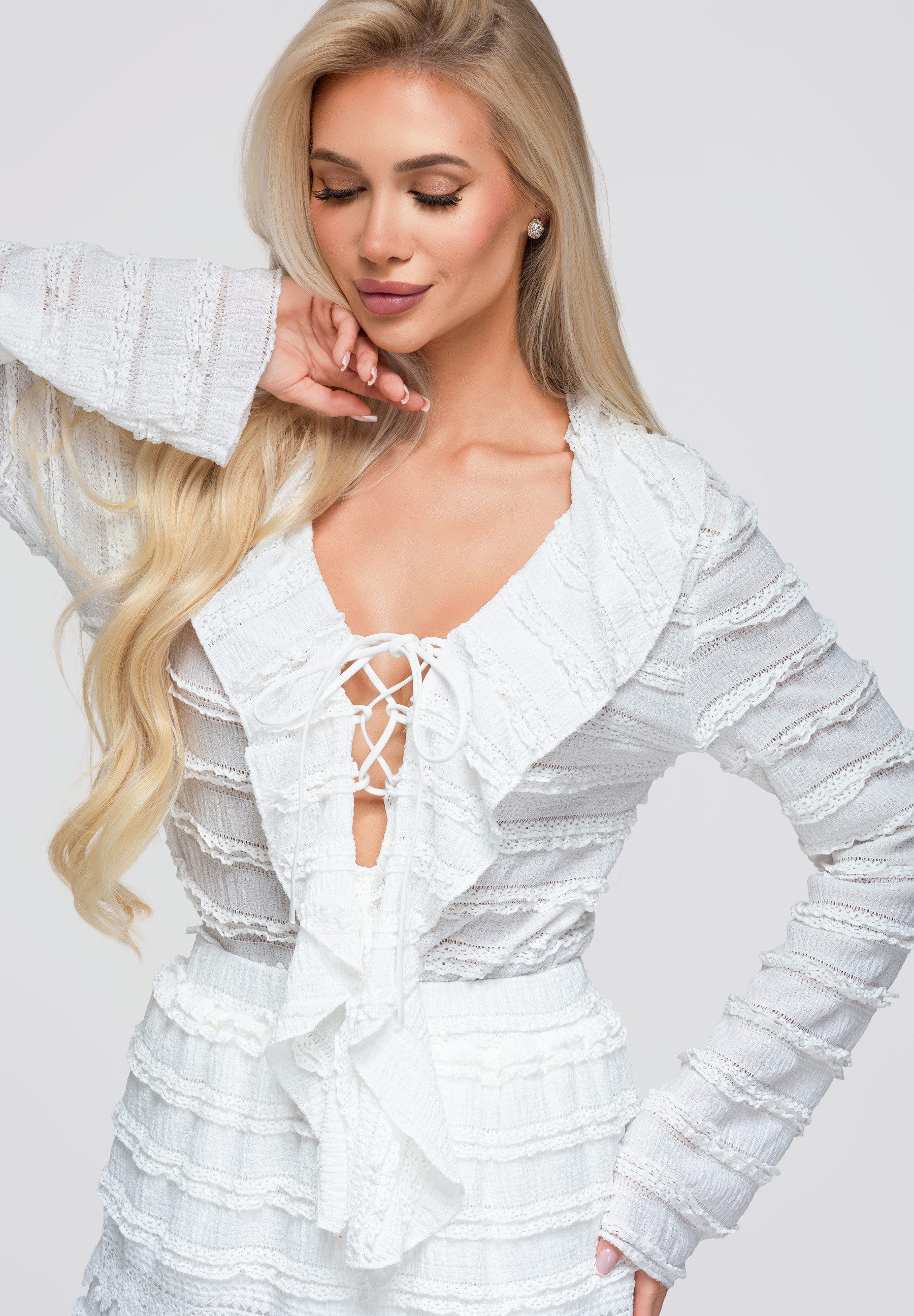 OMBRE Hemdbluse Damen Bluse mit V-Ausschnitt Slim Fit Casual Weiß M/L (kein Set, 1-tlg) Ajourdetails
