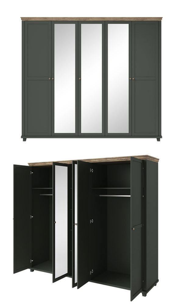 Helvetia Kleiderschrank Elda (mit Türen, mit Einlegeböden, mit Kleiderstangen, 1-St., moderne Optik, 5-türig mit Spiegel) 246x62x216cm grün / Eiche Lefkas 5-türig mit 3 Spiegeln