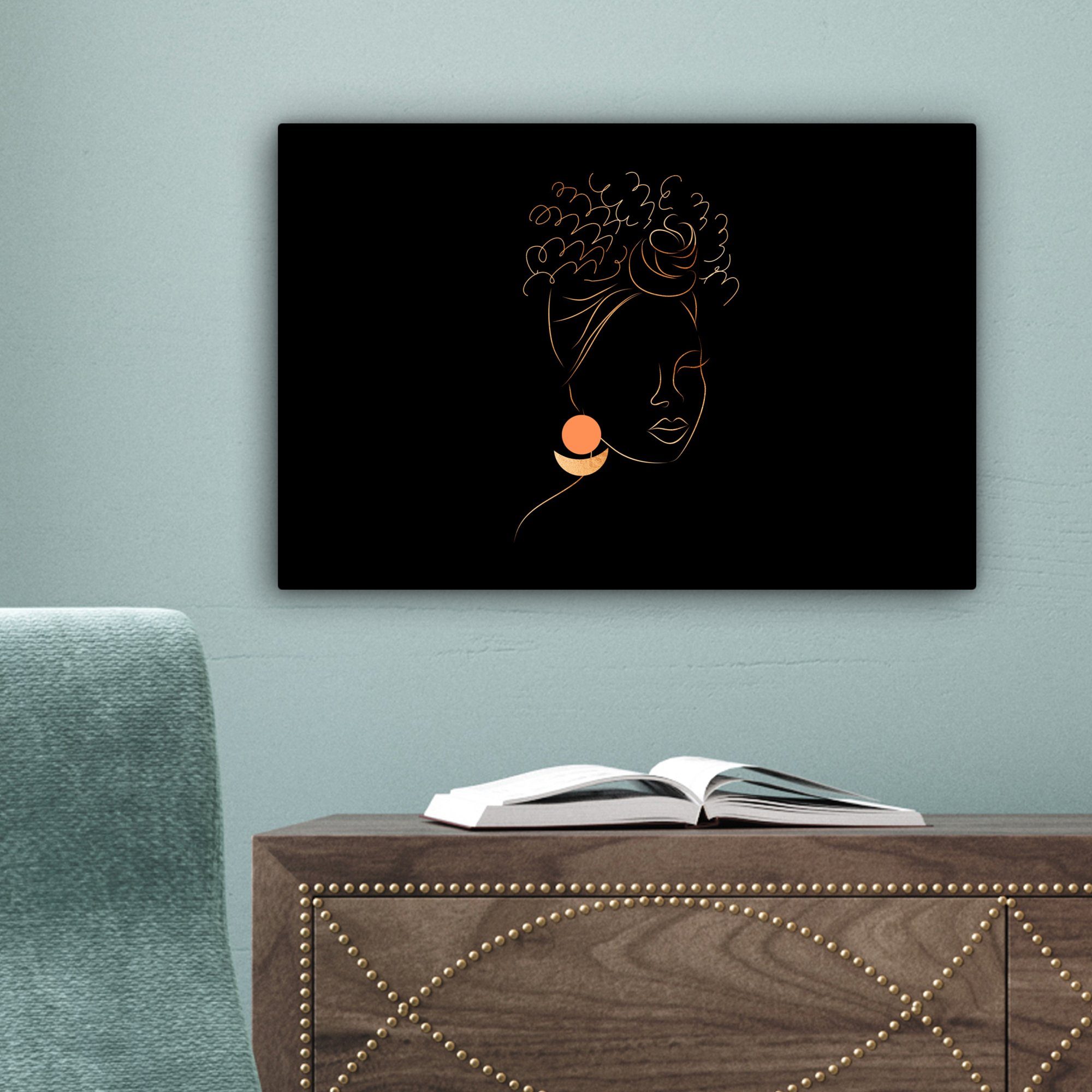 Wanddeko, Strichzeichnung, Frau - - Gold - Schwarz 30x20 cm St), Leinwandbild Wandbild OneMillionCanvasses® Aufhängefertig, Leinwandbilder, (1