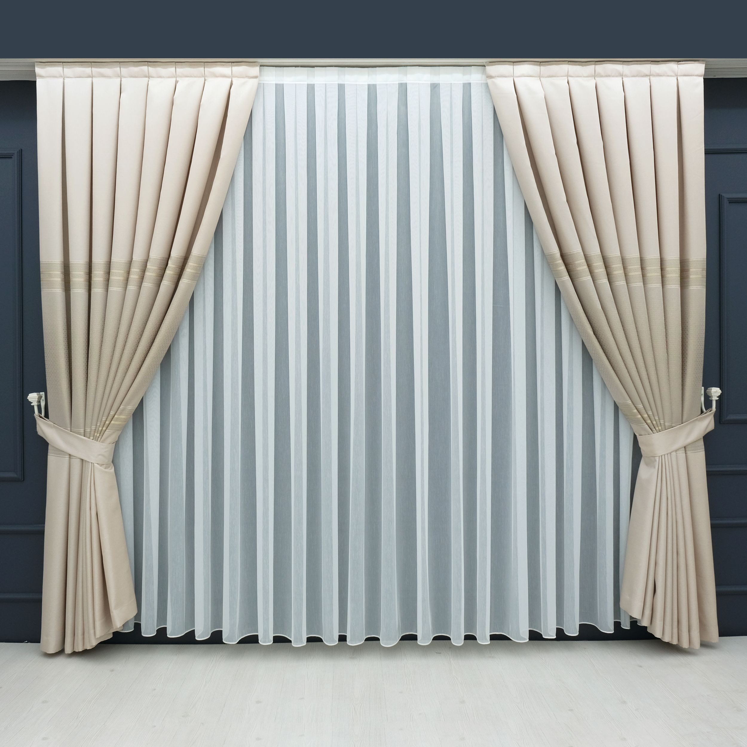 Gardinen by Justyna Vorhang Komplett-Set Vorhang Beige – Falten mit Store (5 St), Kräuselband, halbtransparent, Fertiggardine, Halbtransparent, Faltenband, Komplett-Set, Pflegeleicht