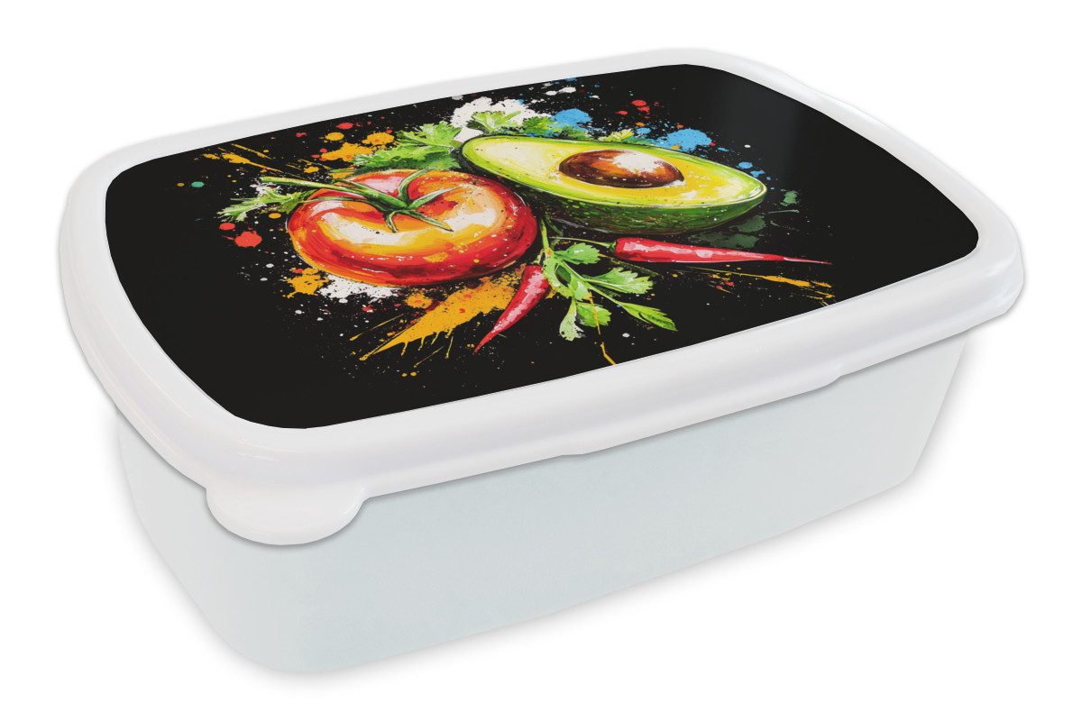 MuchoWow Lunchbox Tomate - Avocado - Paprika - Graffiti - Farbe - Modern, Kunststoff, (2-tlg), Brotdose Schule oder Arbeit, Brotbox für Kinder und Erwachsene
