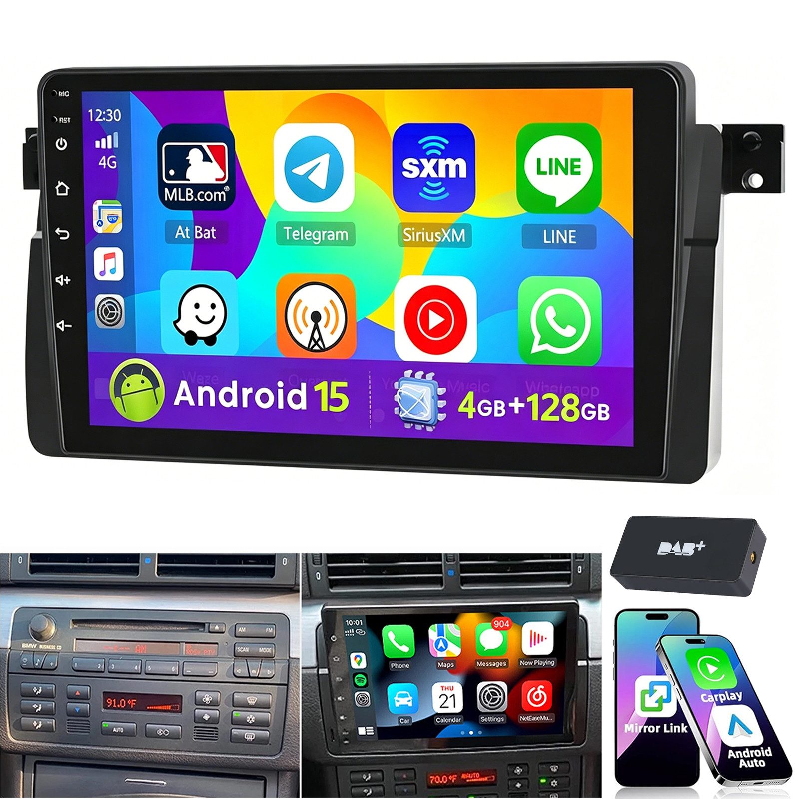 ESSGOO 9" Android 15 Autoradio für BMW 3er E46 1998–2006 Wireless CarPlay GPS Autoradio (RDS, 4+128GB(optional), 4+64GB(optional), Digitalradio (DAB), FM, AM, SWC, Carplay Android Auto Bluetooth EQ USB GPS Navi WIFI Touchscreen)
