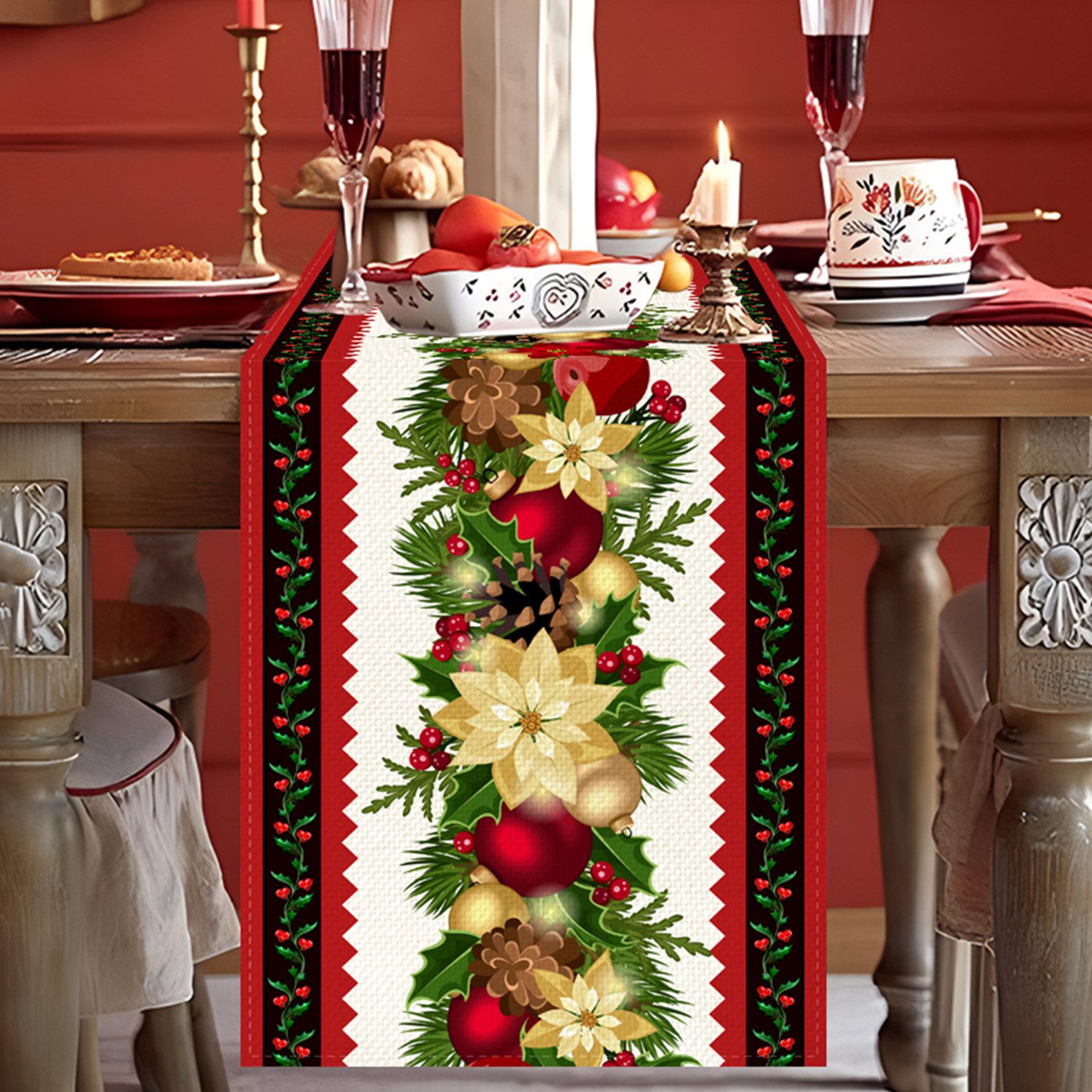 Tischläufer Weihnachtlicher Leinen Tischläufer Druck, Festliche Tischdekoration
