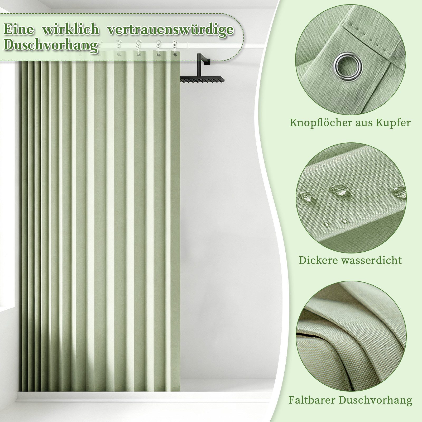 M&W DAS DESIGN Duschvorhang 180x200 Faltbar Anti Schimmel Waschbar Grün – Bild 4 von 5