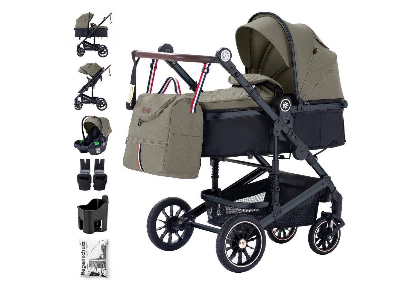 Daliya® Kombi-Kinderwagen NEOMOVE 3in1 Kinderwagen mit i-Size Babyschale & Buggy, (Reise-Set, 10-tlg), Kinderwagen mit i-Size Babyschale, Alu-Rahmen, Großer Einkaufskorb