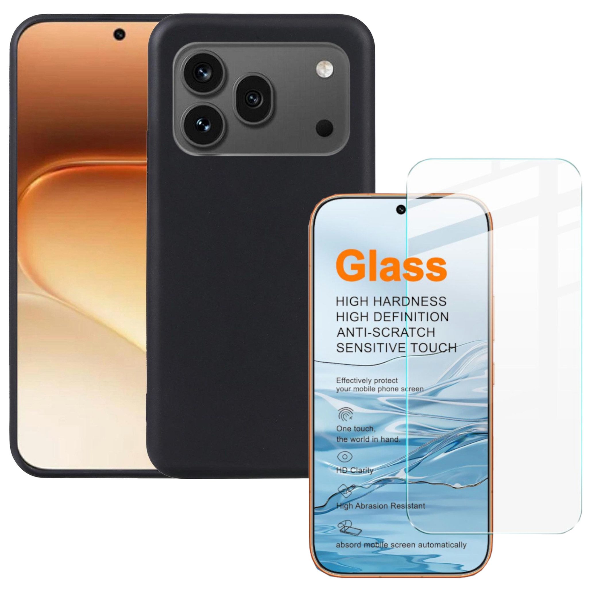Wigento Handyhülle + Schutzglas für Honor 600 Pro Set TPU + 9H Hartglas 2 in 1 Bundle 6,57 Zoll, Produktset TPU Hülle mit Hart Glas