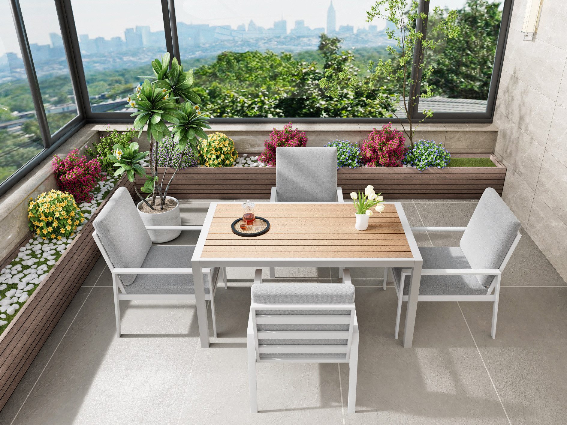 MeXo Gartenlounge-Set Gartenmöbel Set Aluminium, hoher Sitzkomfort, (wetterfeste Lounge Sitzgruppe, 5-tlg., 4 x Gartenstühle, 1 x Esstisch 140x80x70 cm), Outdoor Essgruppe für Terrasse & Garten für 4 Personen