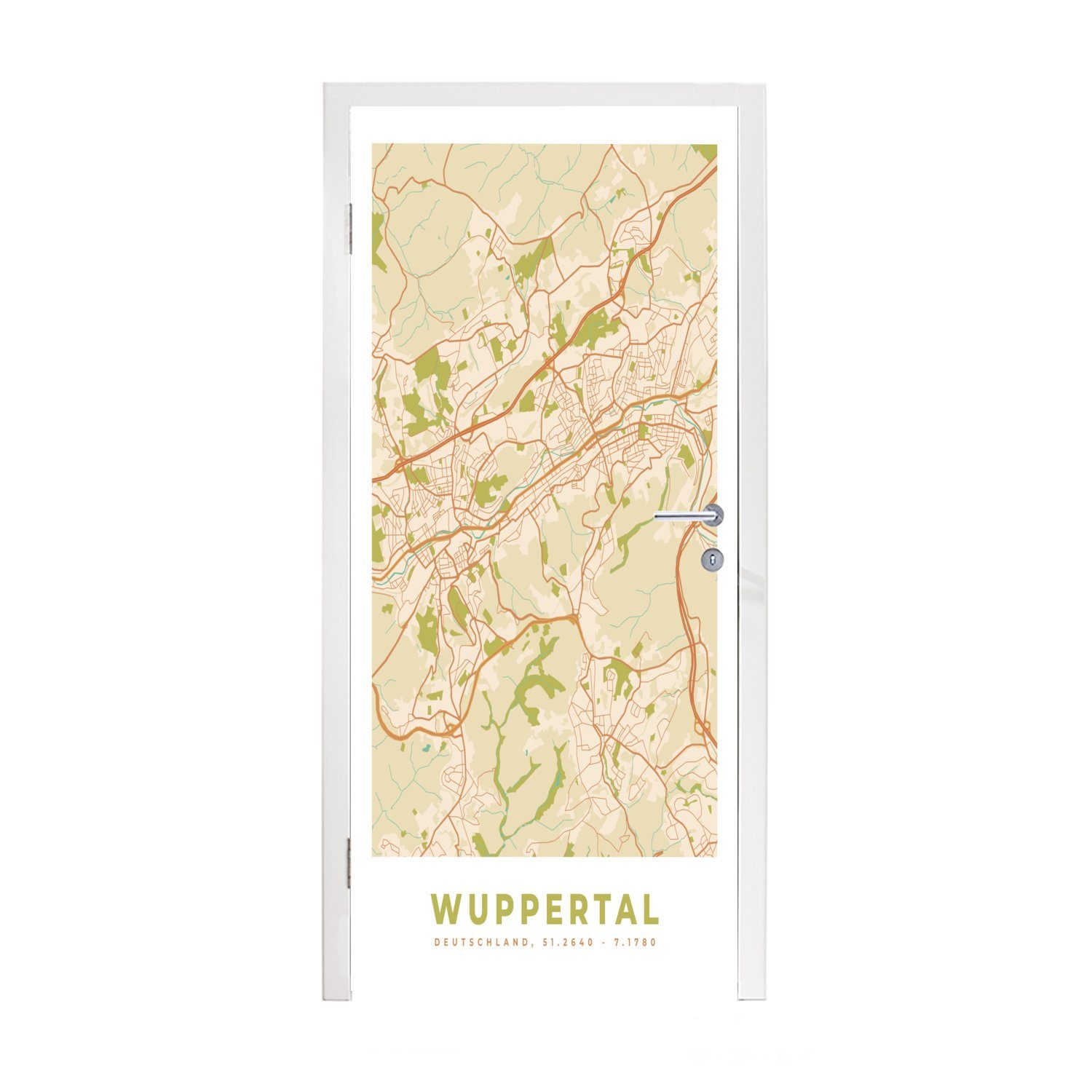 MuchoWow Türtapete Stadtplan - Wuppertal - Stadtplan - Vintage, Matt, bedruckt, (1 St), Fototapete für Tür, Türaufkleber, 75x205 cm