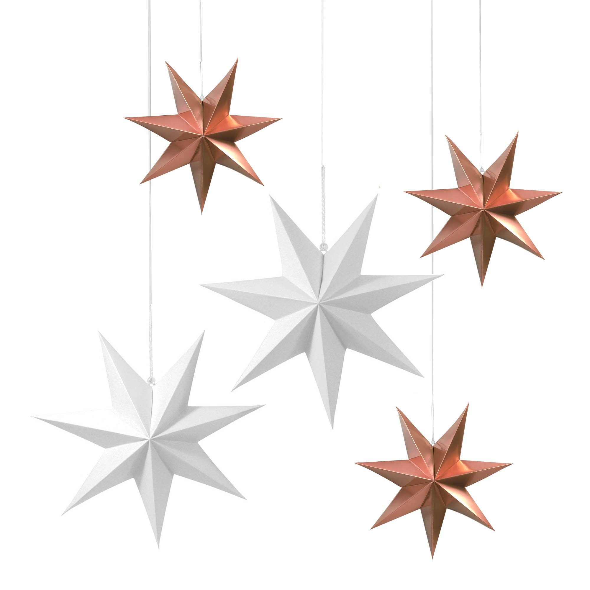 Frau WUNDERVoll Papiersterne 5 Faltsterne - weiß/rosegold matt, 3 x 25 cm, 2 x 40 cm 7 Zacken