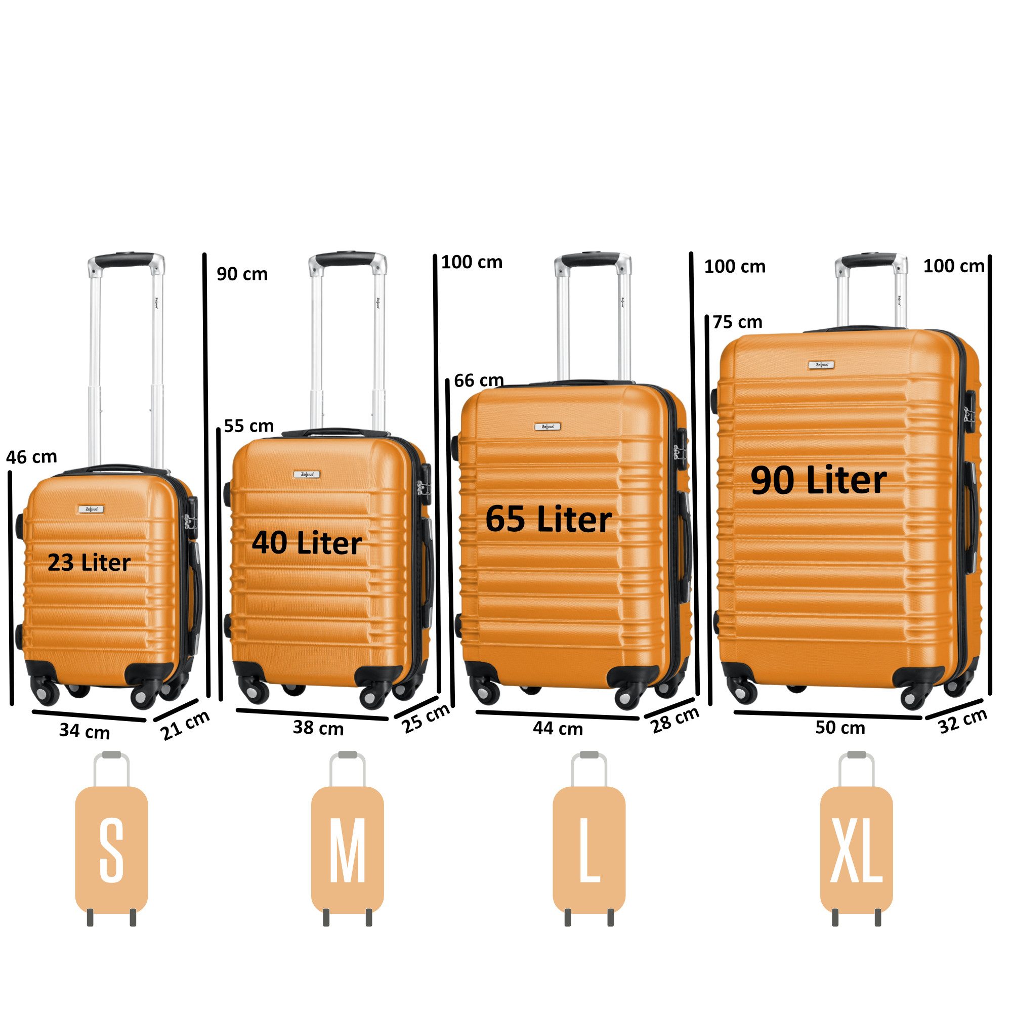 Zelsius Kofferset Koffer Set 4 Stück, Orange, ABS Hartschalenkoffer mit Zahlenschloss, 4 Rollen, (4 tlg), 4 schwenkbare Rollen