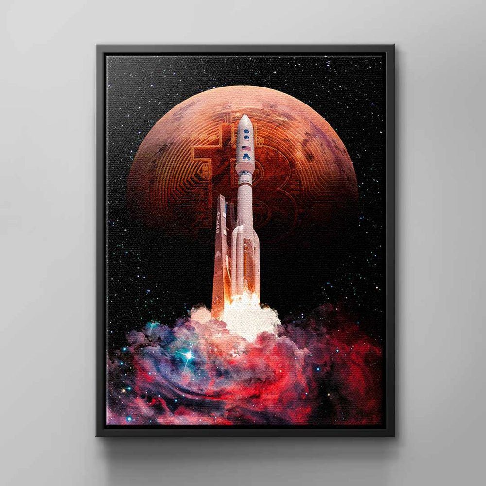 rot schwarz Leinwandbild space Wandbild rauch rocket bunt ohne DOTCOMCANVAS® orange ROCKET, BITCOIN Bitcoin-Krypto b Rahmen