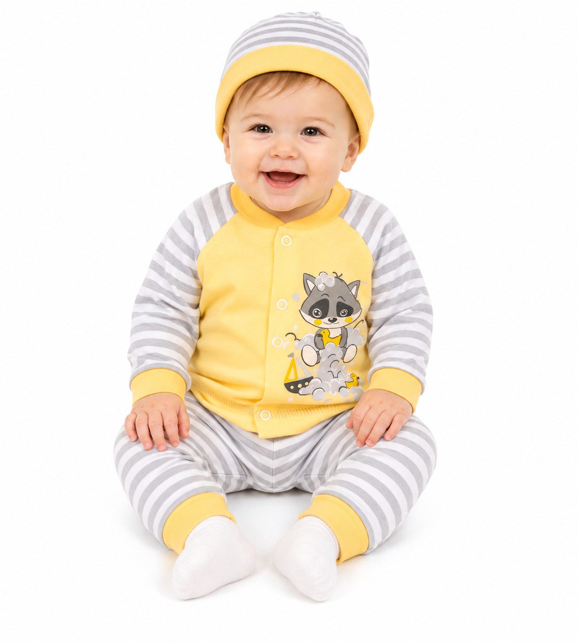 La Bortini Langarmshirt & Hose Baby Anzug Hemdchen Hose Mütze in Gelb (unisex set, Anzug für Jungen und Mädchen, Erstlingsset für Neugeborene, 3-teilig) aus Baumwolle, 44 50 56 62 68 74