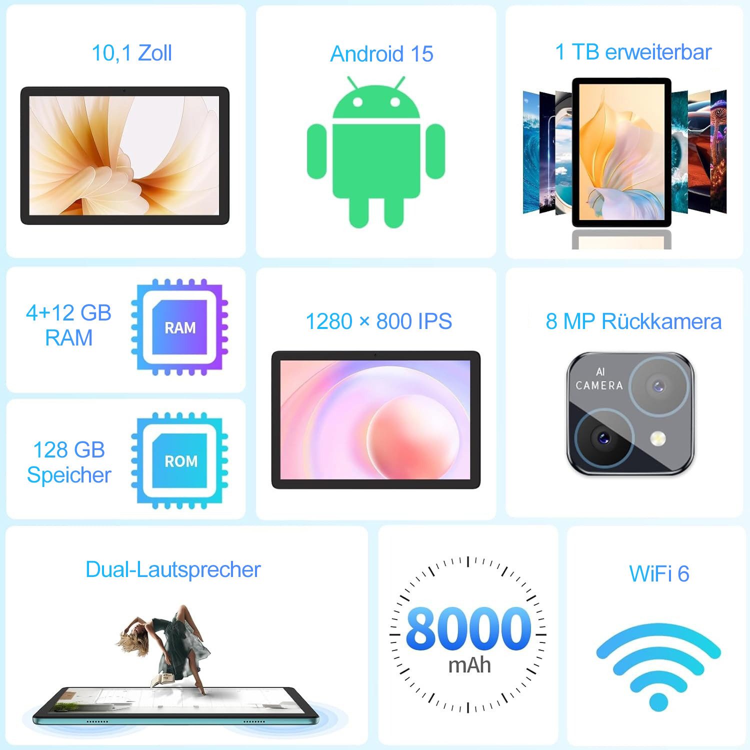 VASOUN TAB11 Tablet 10 Zoll,Android Tablet,128GB ROM,5G WiFi Tablet Tablet (10.1 Zoll Tablet", 128 GB, Android 15, (8000 mAh,128GB ROM, 2MP+8MP, 1280*800 HD)