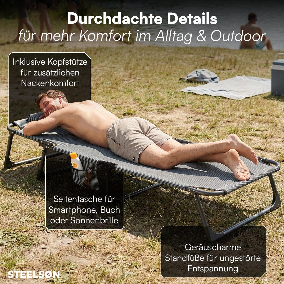 STEELSØN Gartenliege Nysaris klappbare Sonnenliege mit Polsterauflage, schwarz, Outdoor-Liegestuhl wetterfest, platzsparende Campingliege